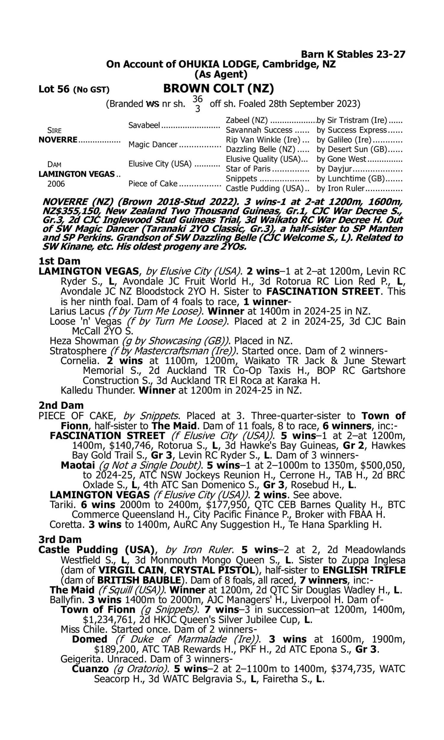 Pedigree for Lot 56 Noverre (NZ) - Lamington Vegas (NZ)