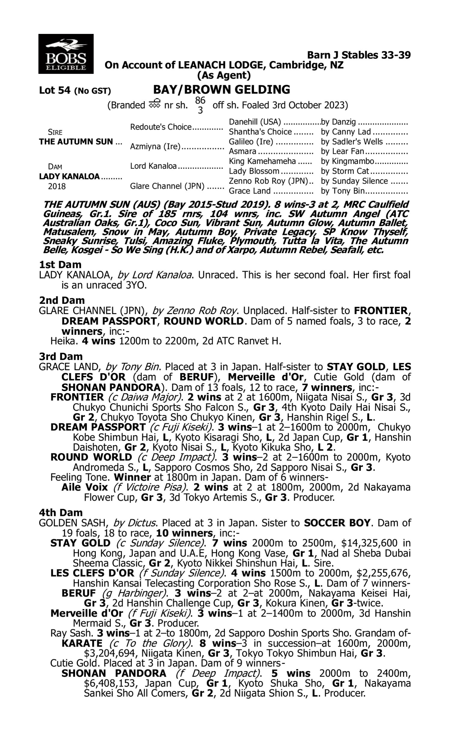 Pedigree for Lot 54 The Autumn Sun - Lady Kanaloa