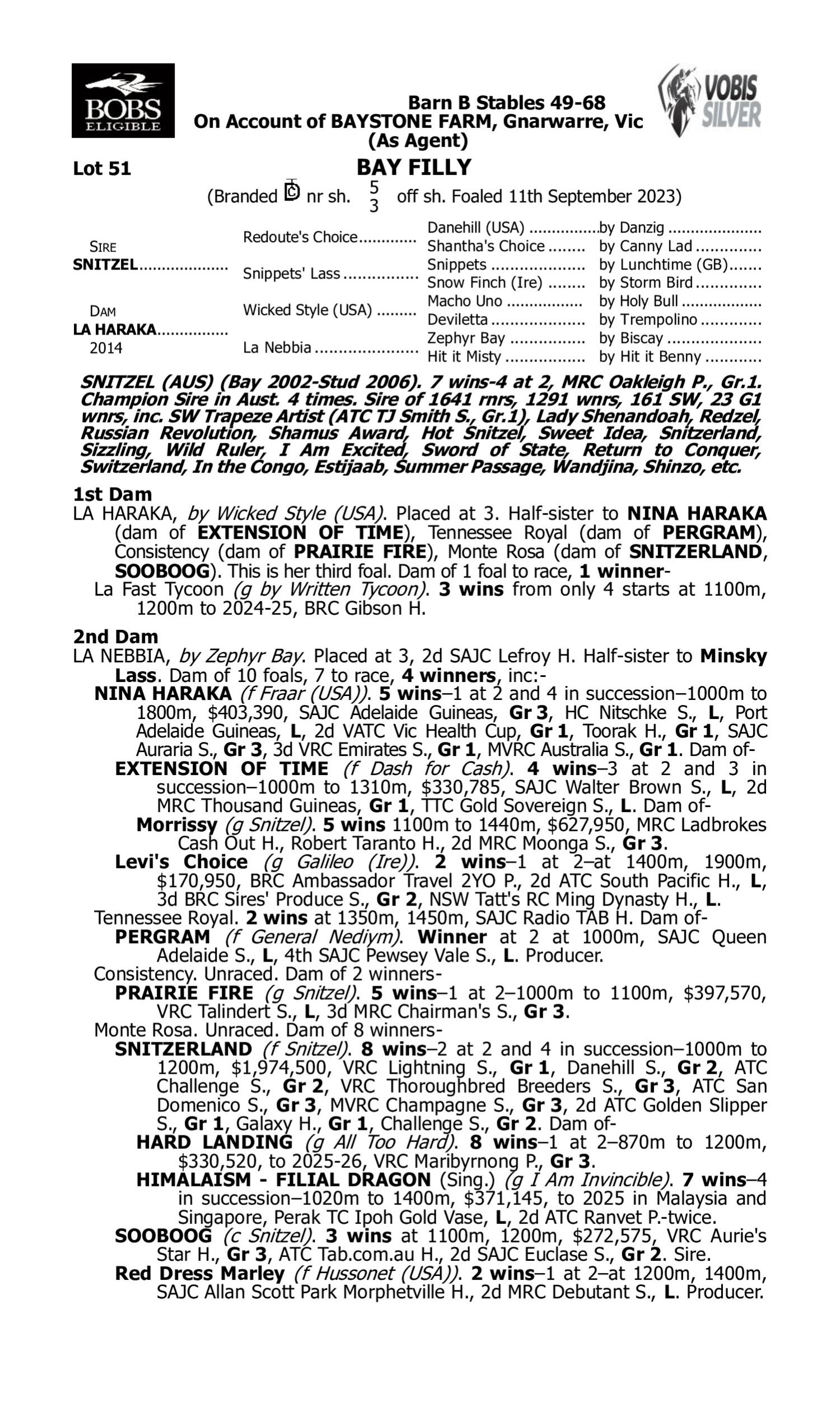 Pedigree for Lot 51 Snitzel - La Haraka