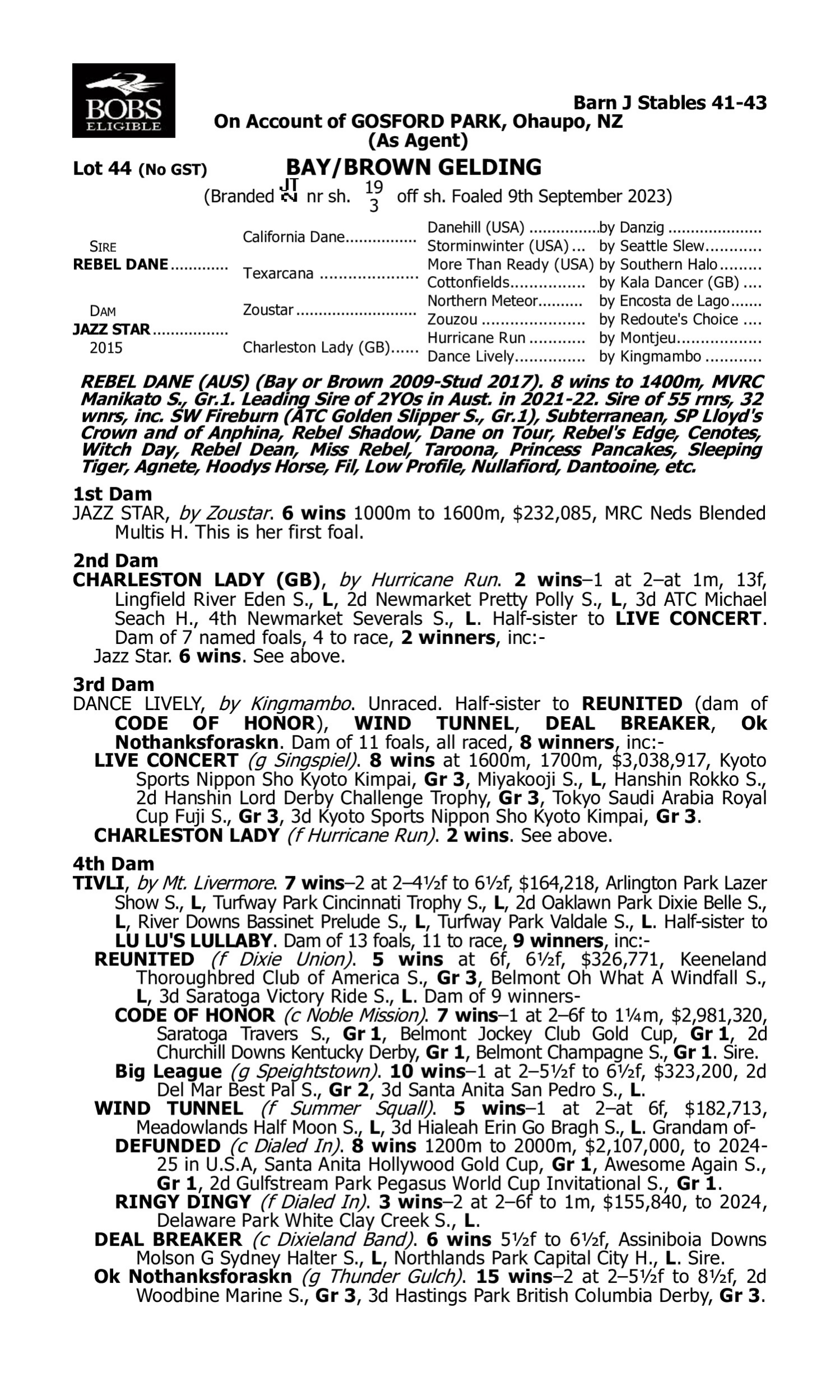 Pedigree for Lot 44 Rebel Dane - Jazz Star