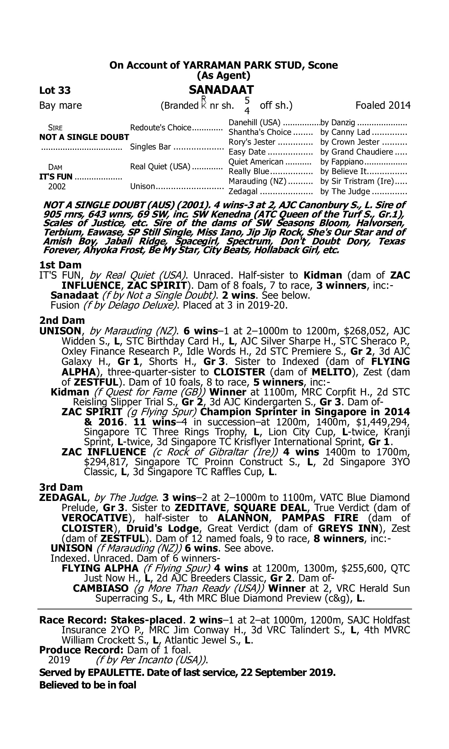 Pedigree for Lot 33 Not a Single Doubt - It's Fun