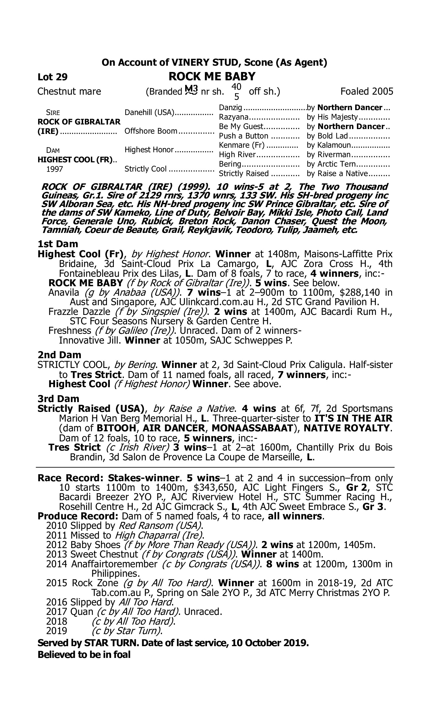 Pedigree for Lot 29 Rock of Gibraltar (IRE) - Highest Cool (FR)