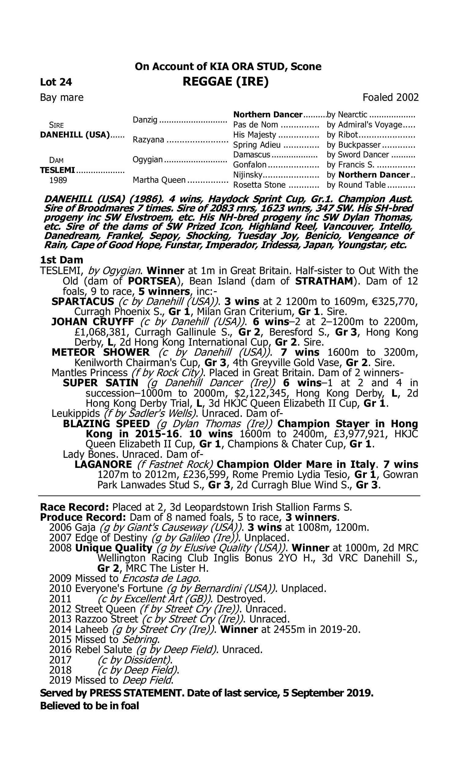 Pedigree for Lot 24 Danehill (USA) - Teslemi (USA)