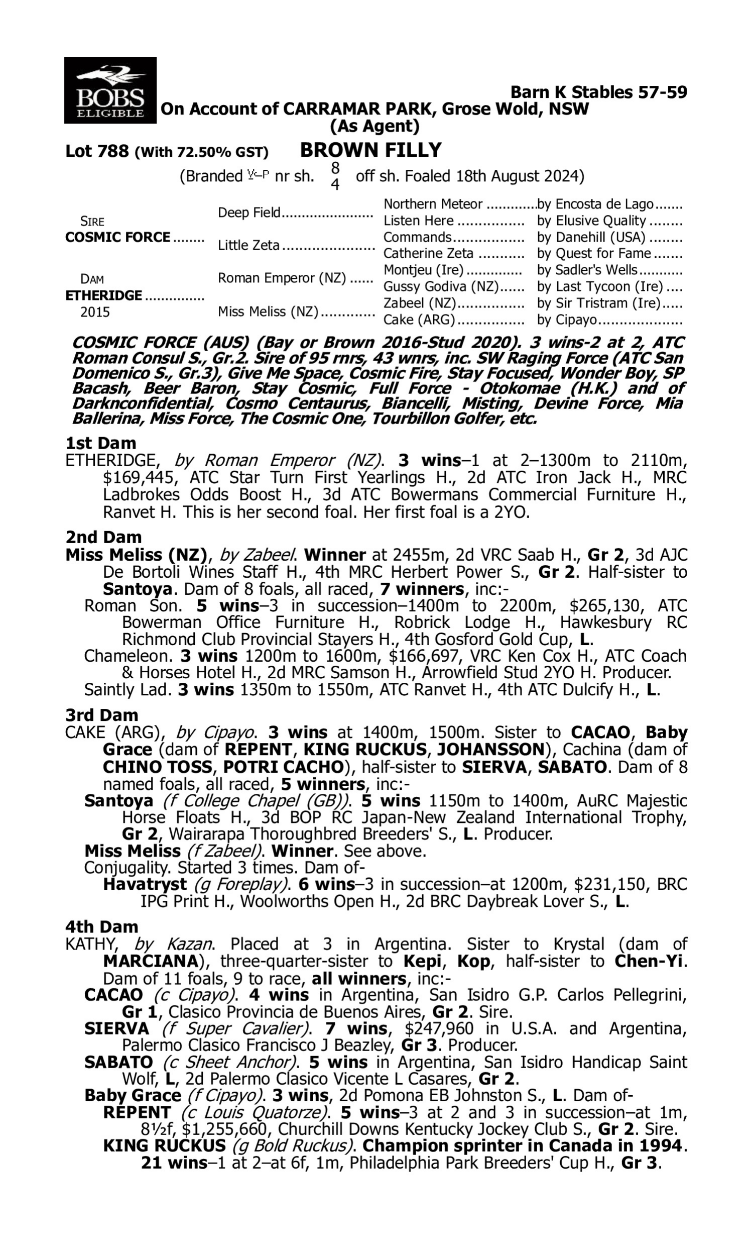Pedigree for Lot 788 Cosmic Force - Etheridge
