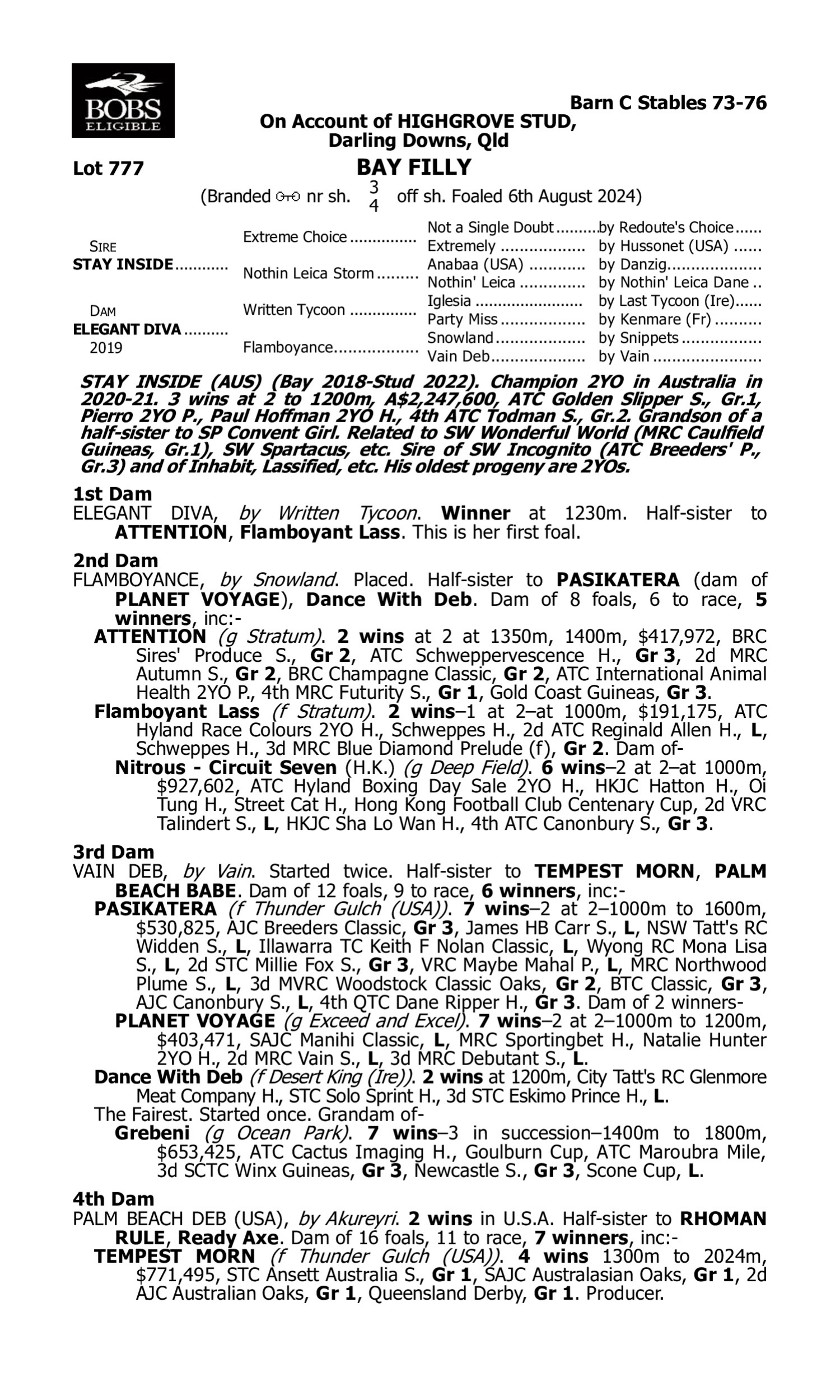 Pedigree for Lot 777 Stay Inside - Elegant Diva