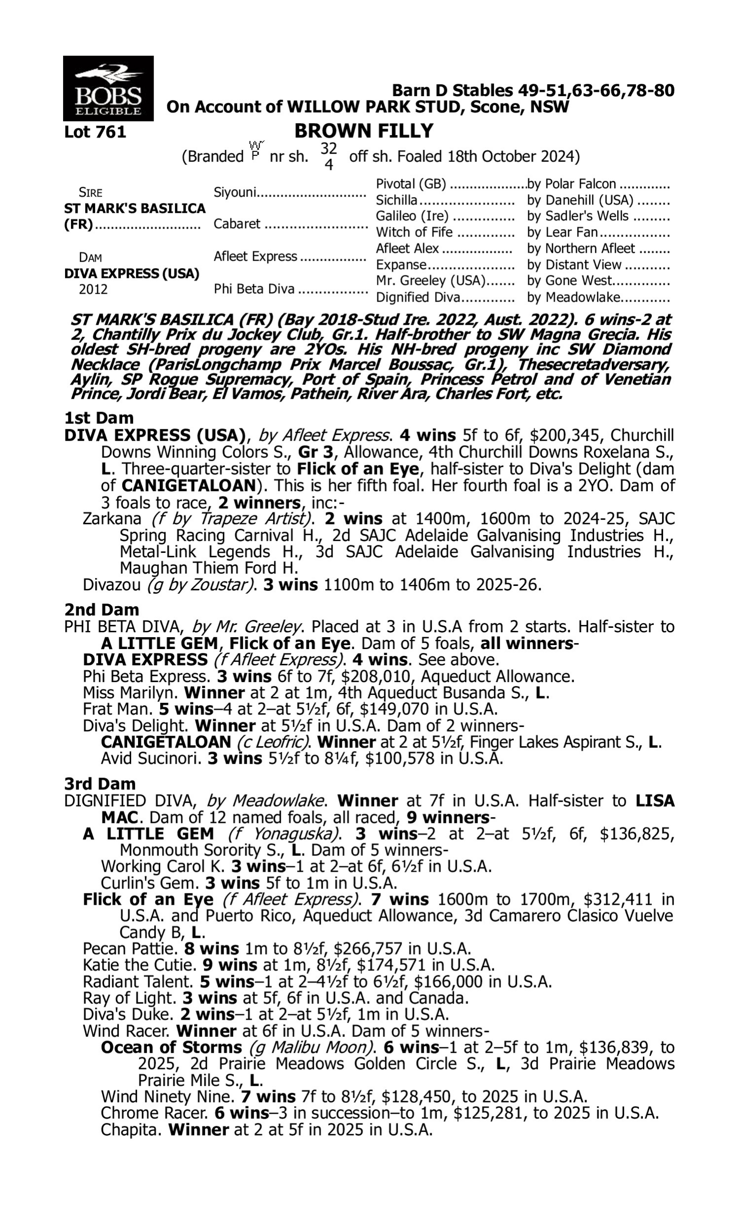 Pedigree for Lot 761 St Mark's Basilica (FR) - Diva Express (USA)