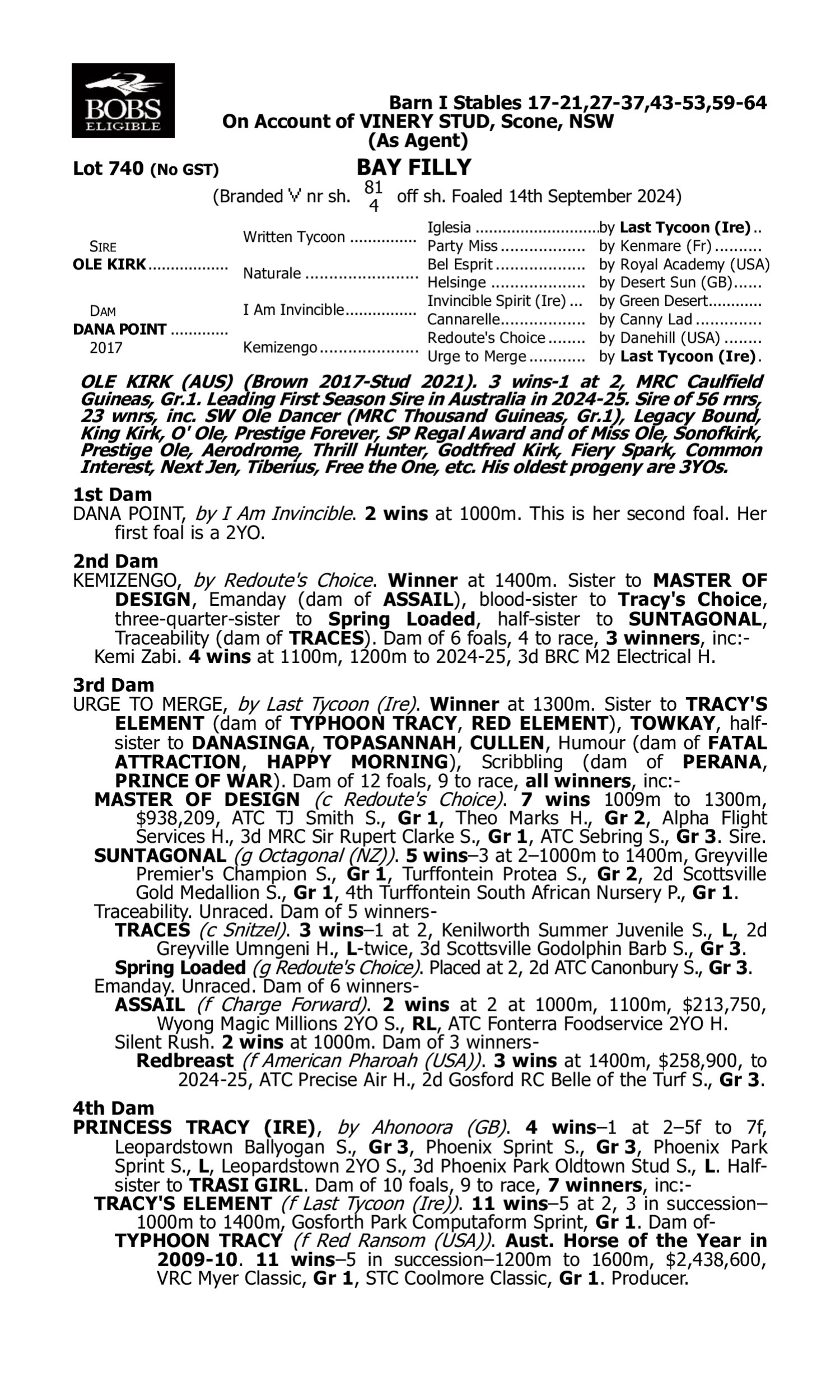 Pedigree for Lot 740 Ole Kirk - Dana Point