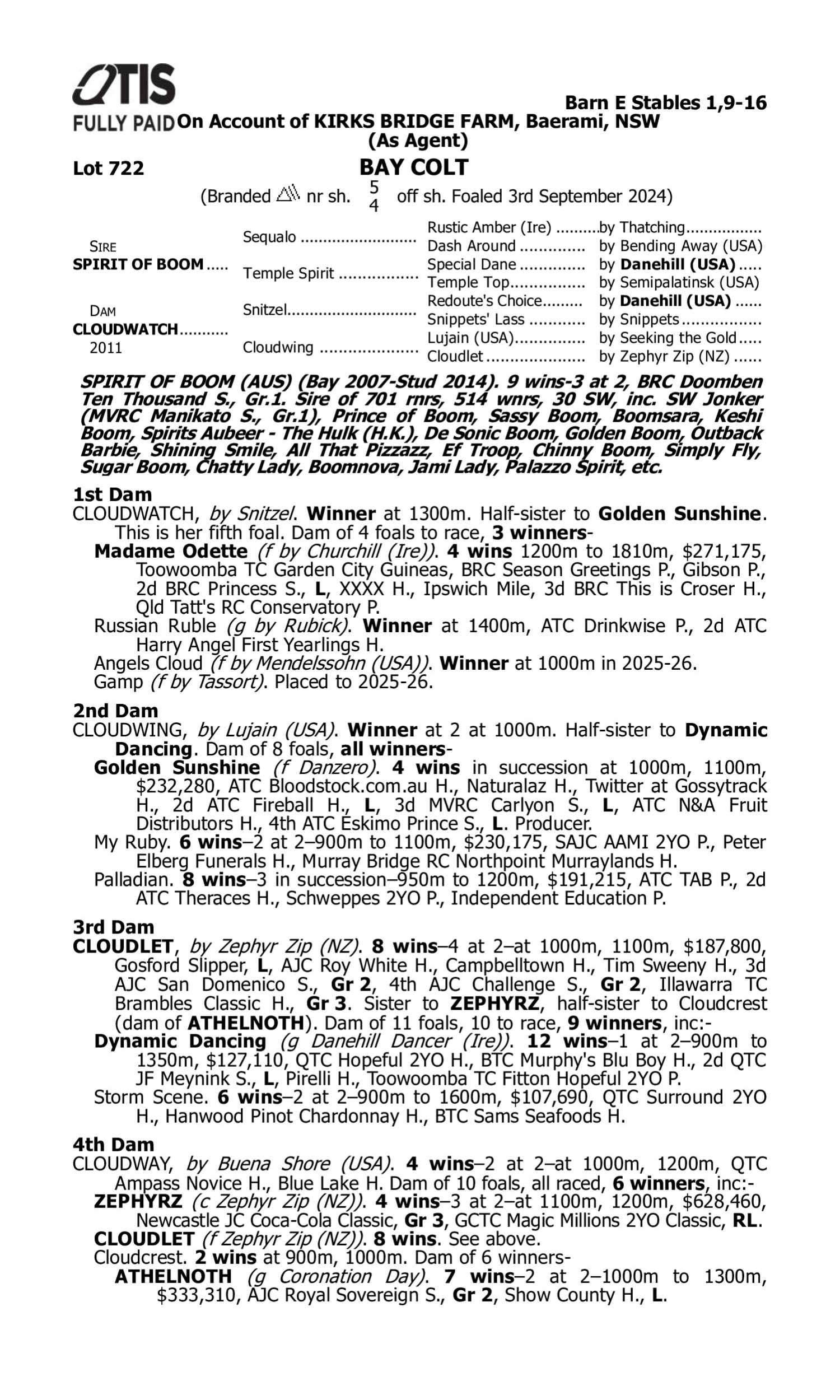 Pedigree for Lot 722 Spirit of Boom - Cloudwatch