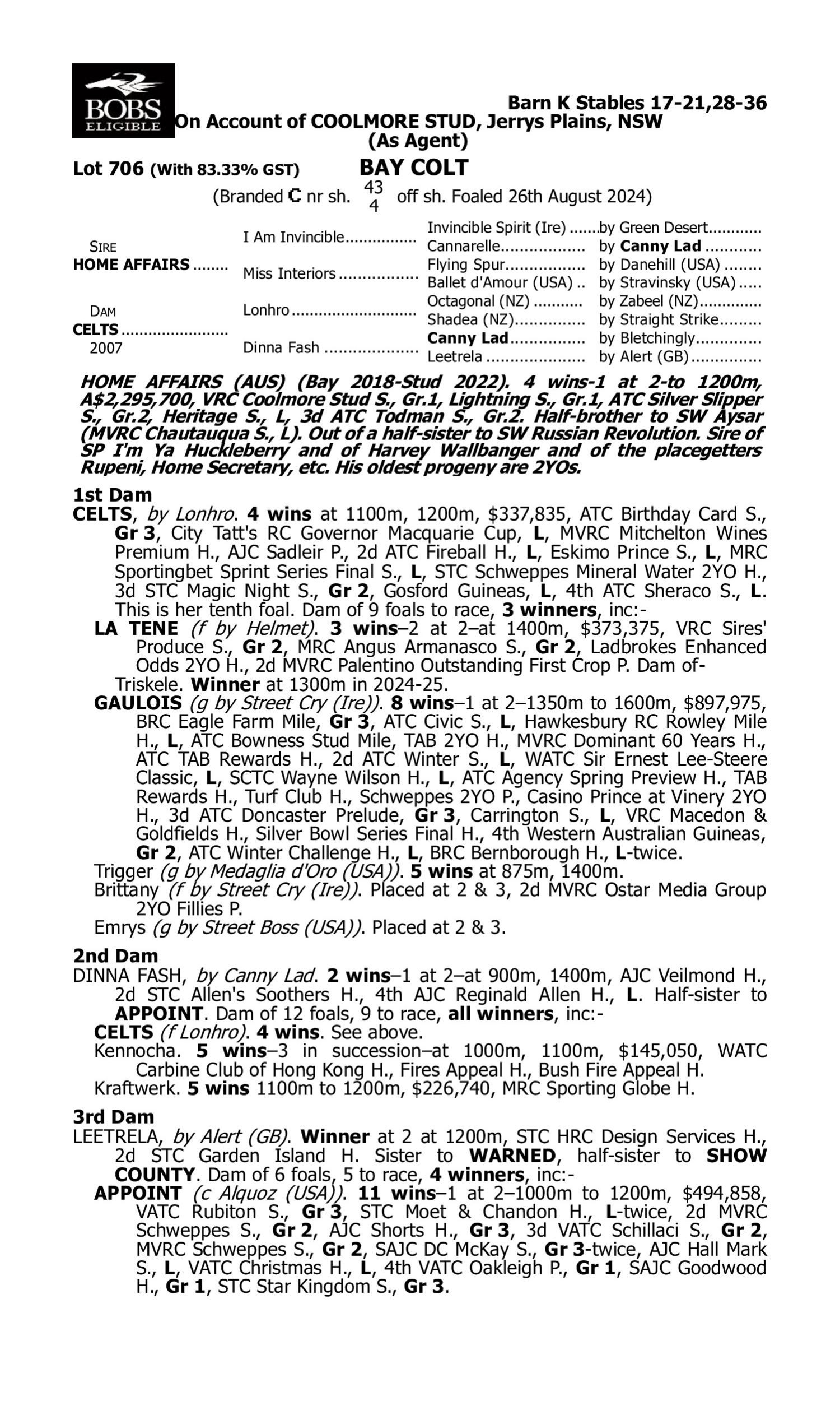 Pedigree for Lot 706 Home Affairs - Celts