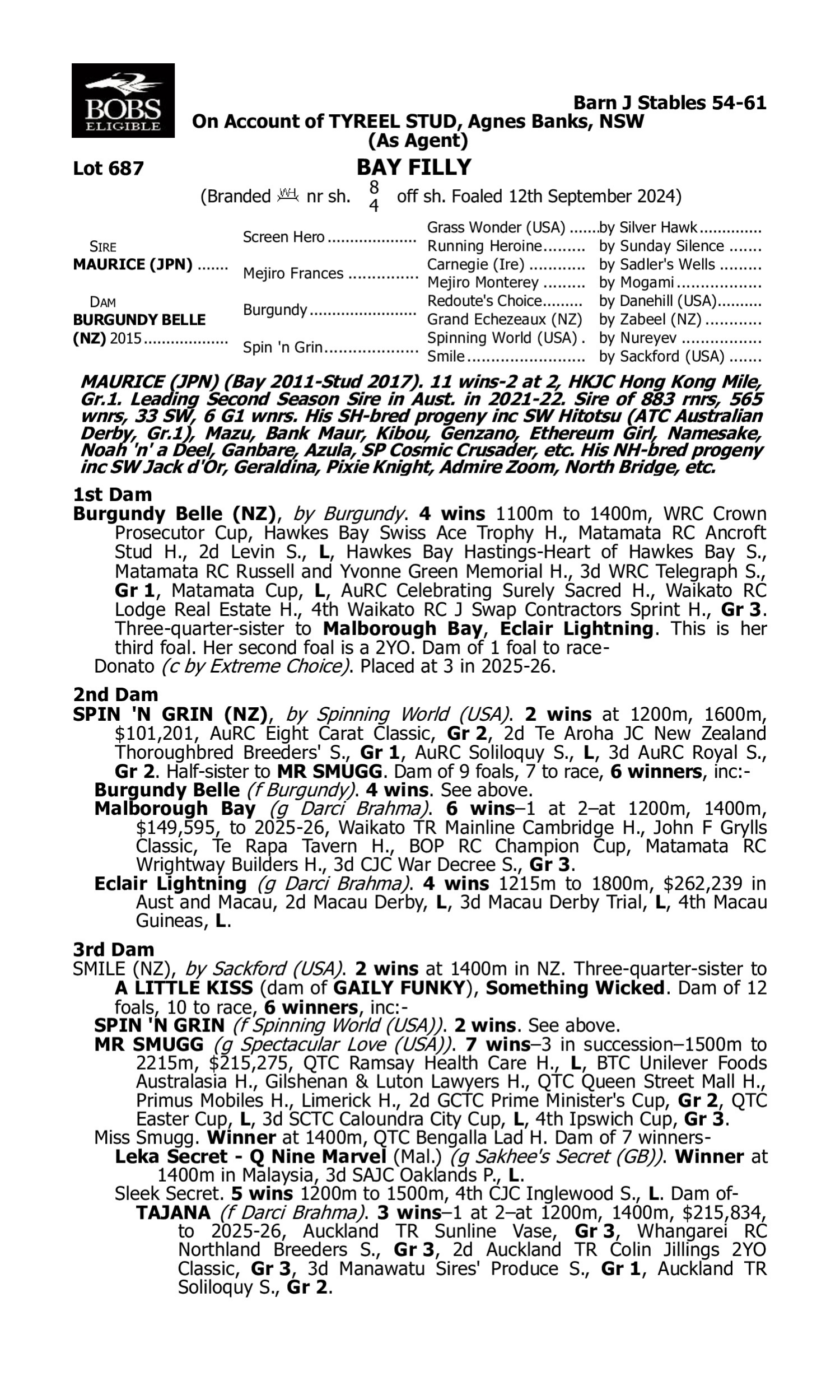 Pedigree for Lot 687 Maurice (JPN) - Burgundy Belle (NZ)