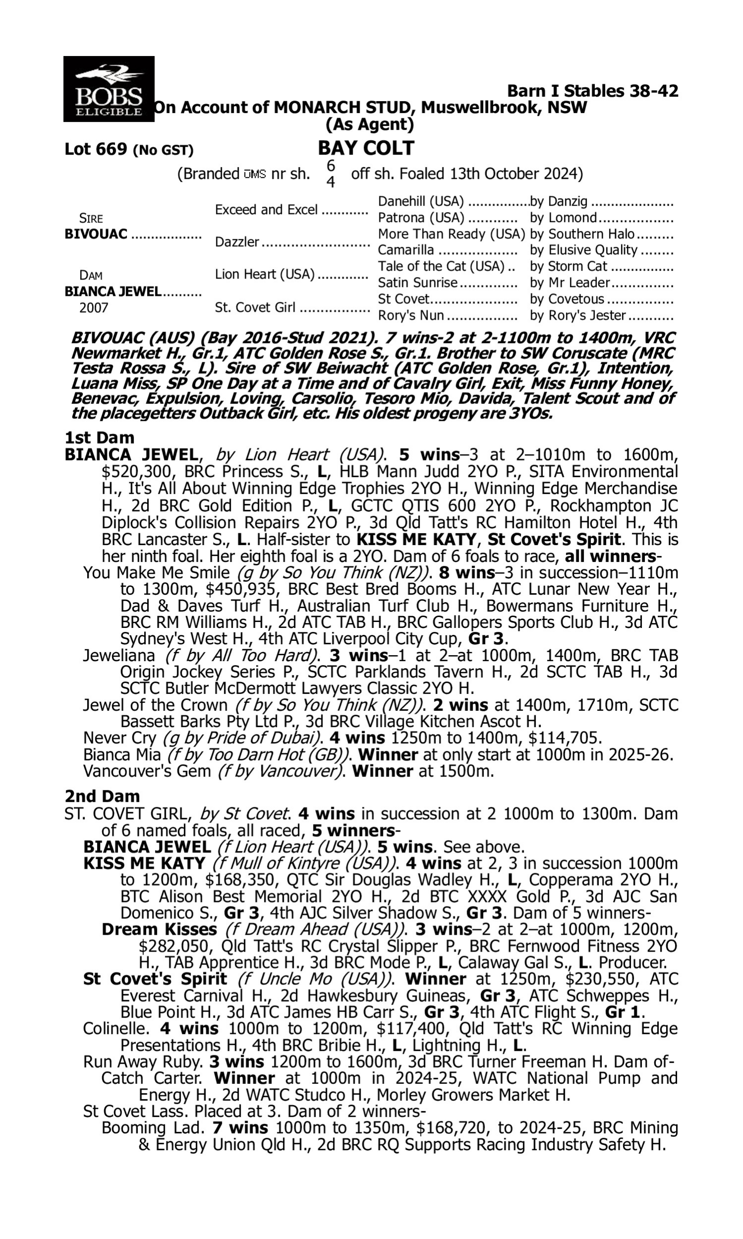 Pedigree for Lot 669 Bivouac - Bianca Jewel
