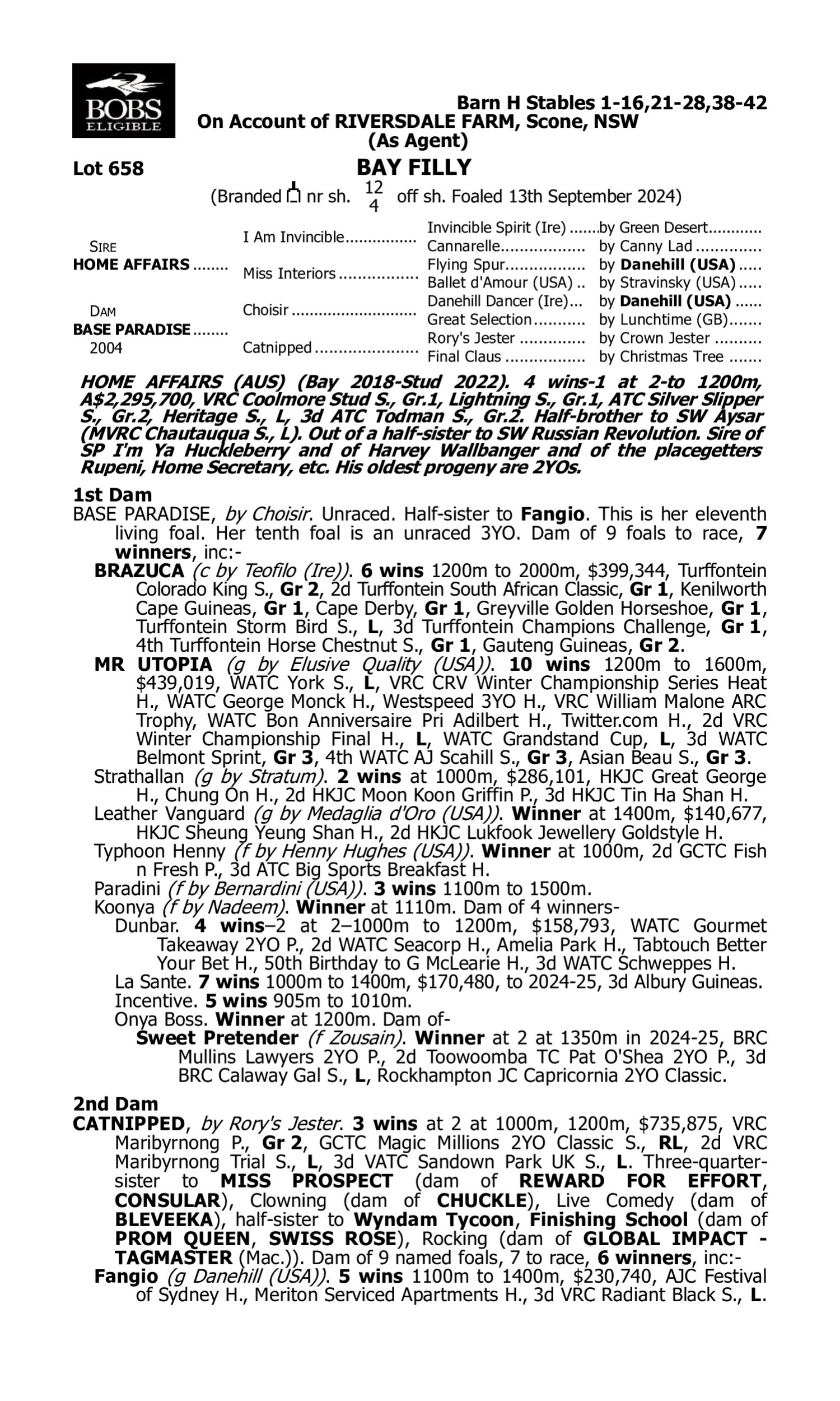 Pedigree for Lot 658 Home Affairs - Base Paradise