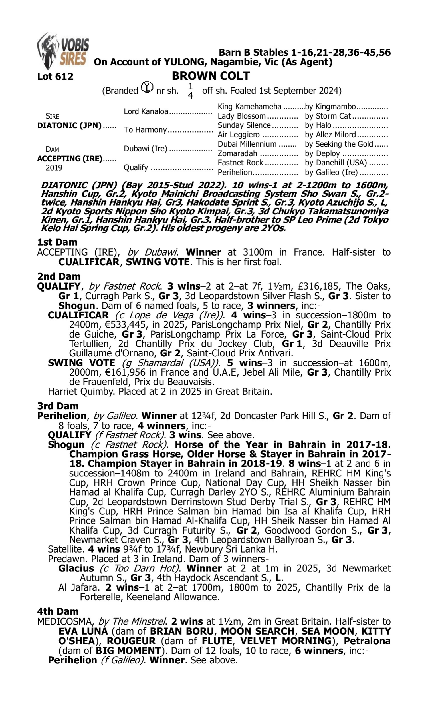 Pedigree for Lot 612 Diatonic (JPN) - Accepting (IRE)