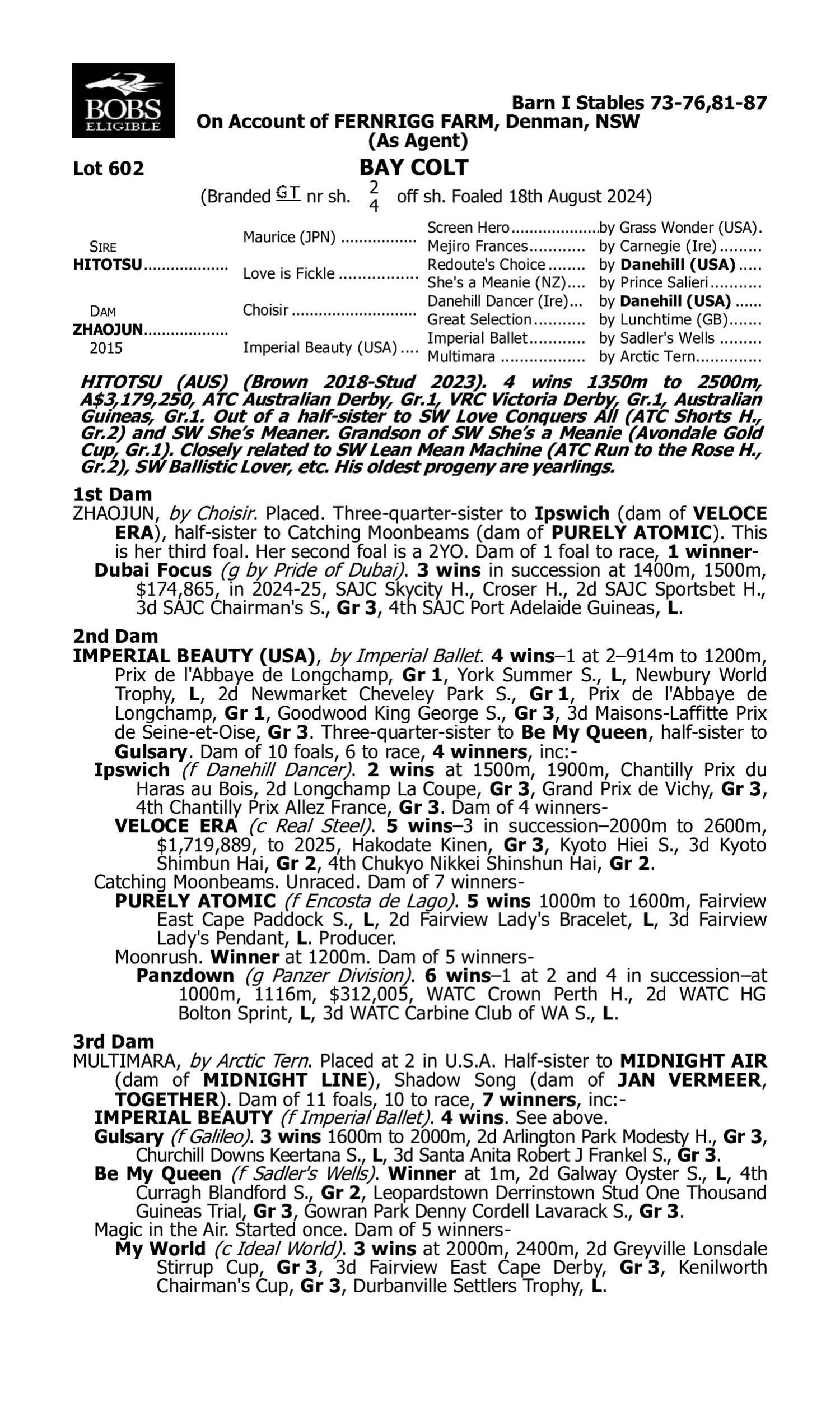 Pedigree for Lot 602 Hitotsu - Zhaojun