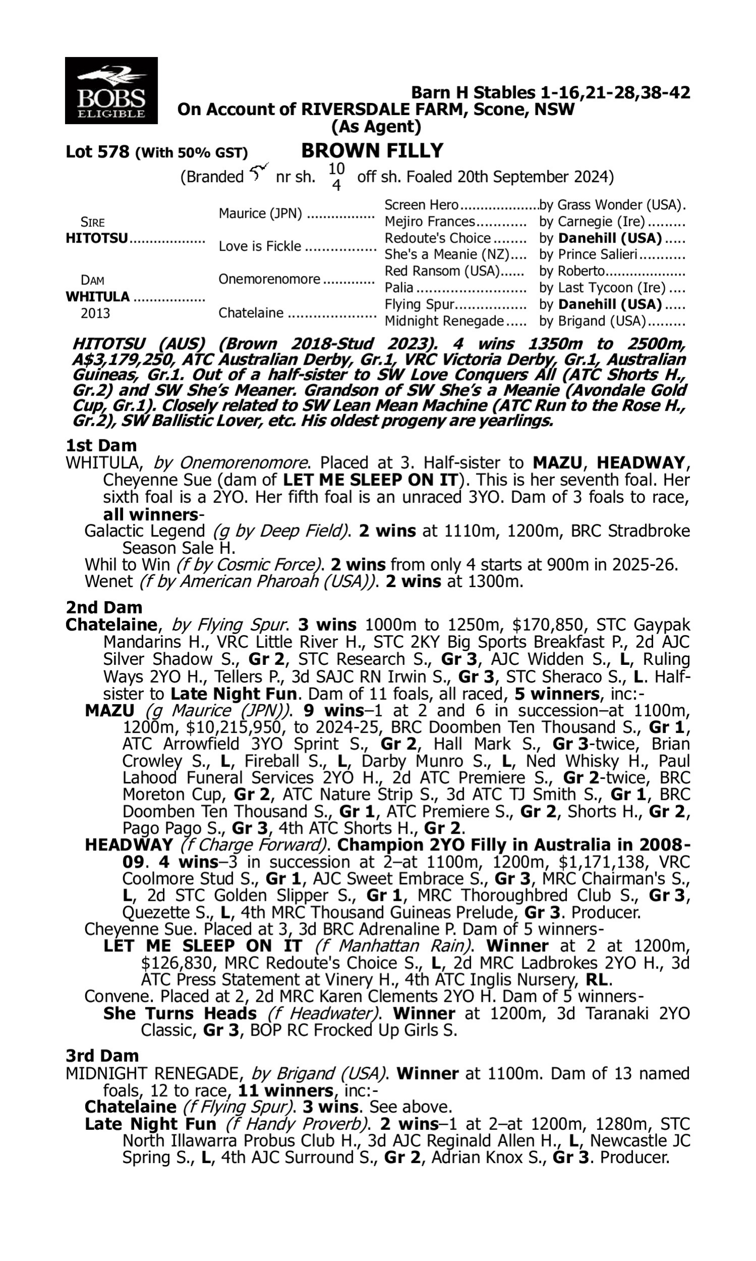 Pedigree for Lot 578 Hitotsu - Whitula