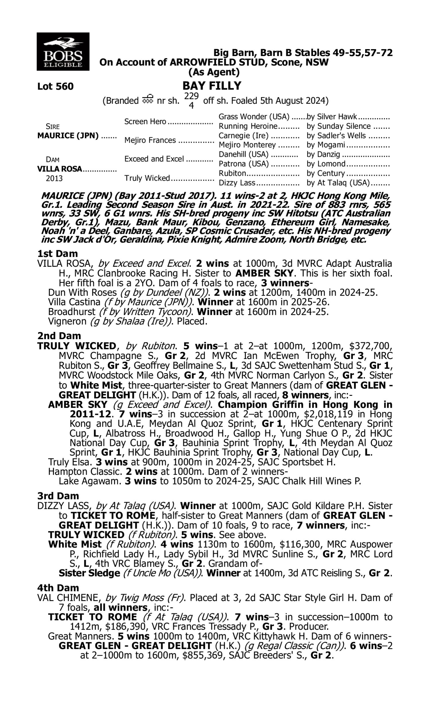 Pedigree for Lot 560 Maurice (JPN) - Villa Rosa