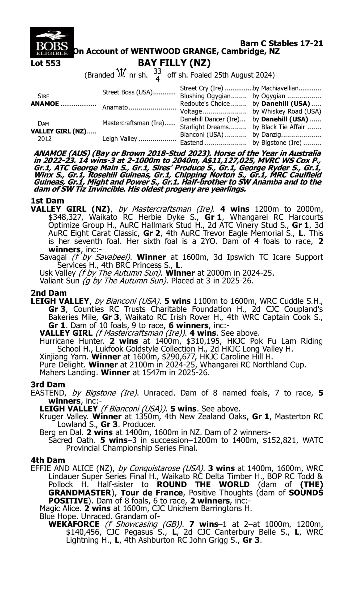 Pedigree for Lot 553 Anamoe - Valley Girl (NZ)