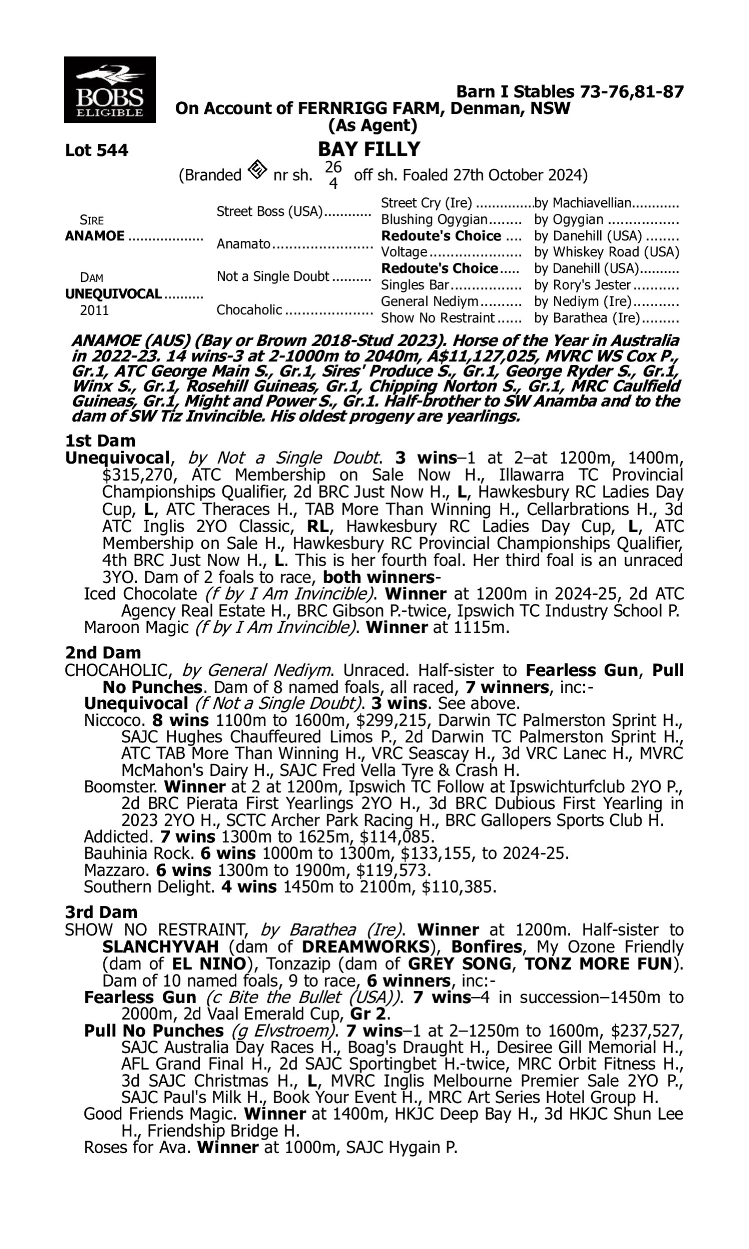 Pedigree for Lot 544 Anamoe - Unequivocal