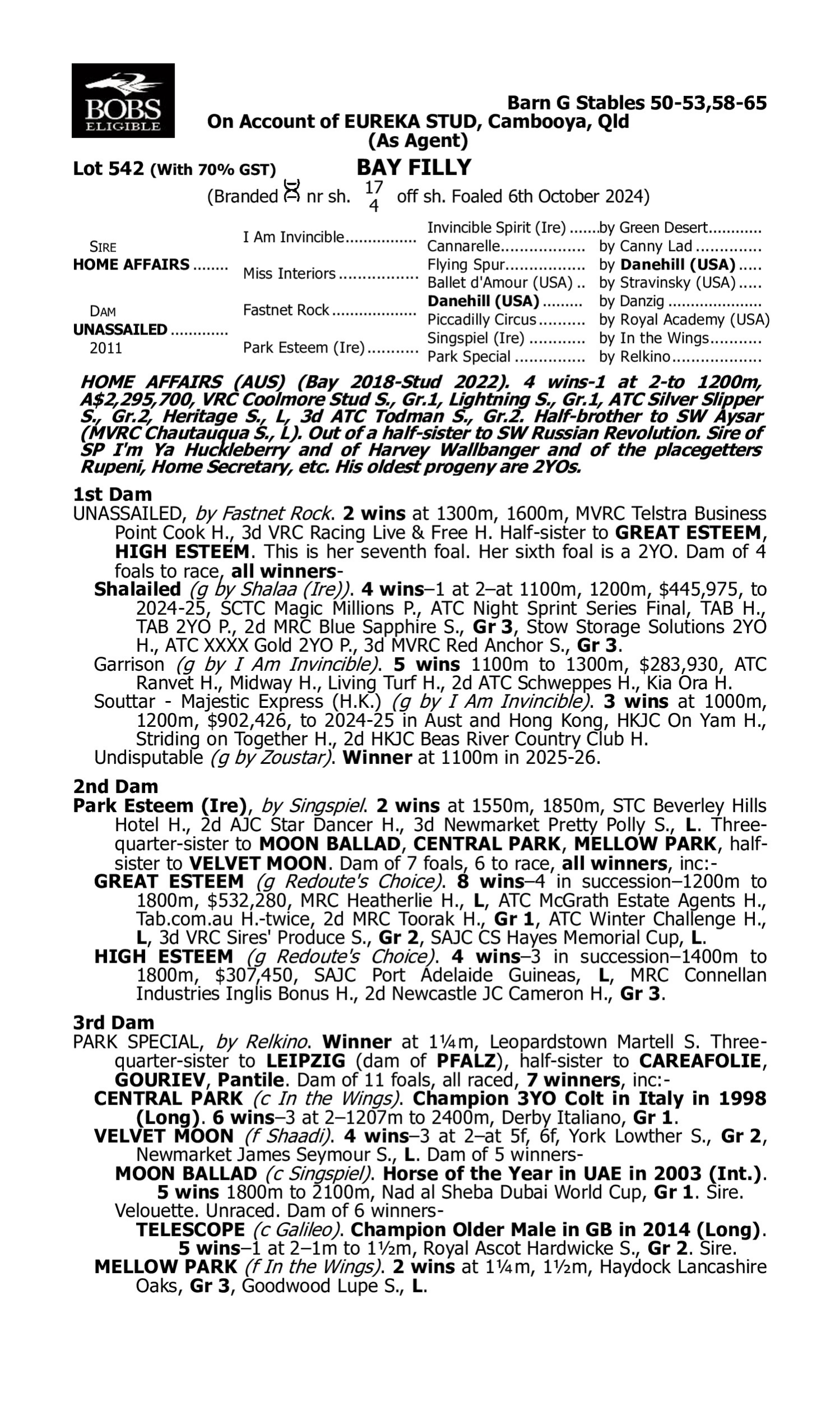 Pedigree for Lot 542 Home Affairs - Unassailed