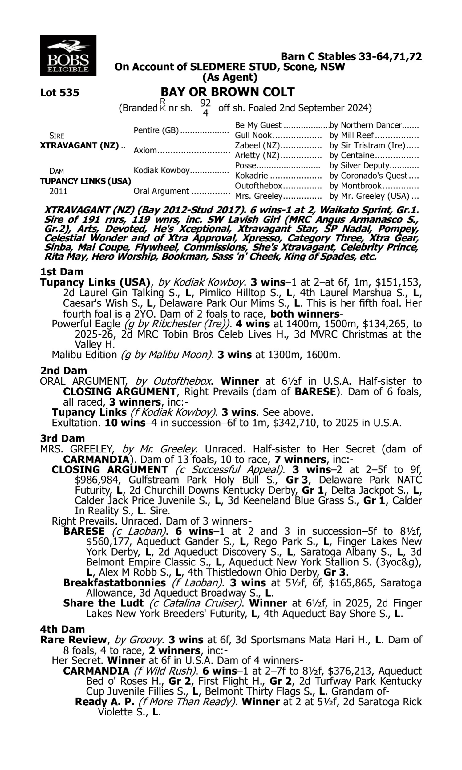 Pedigree for Lot 535 Xtravagant (NZ) - Tupancy Links (USA)