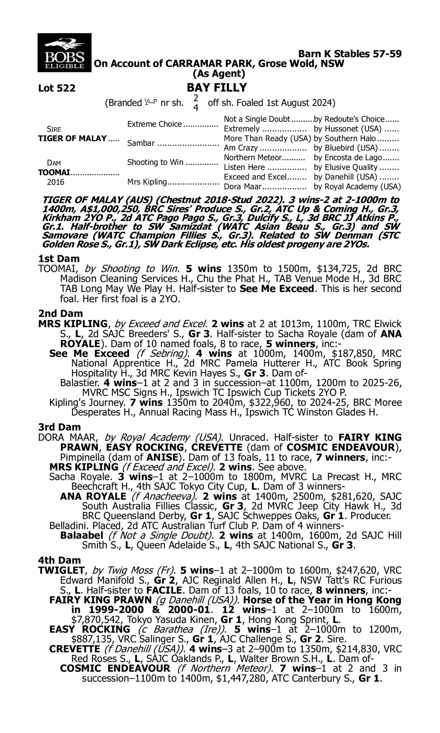 Pedigree for Lot 522 Tiger of Malay - Toomai