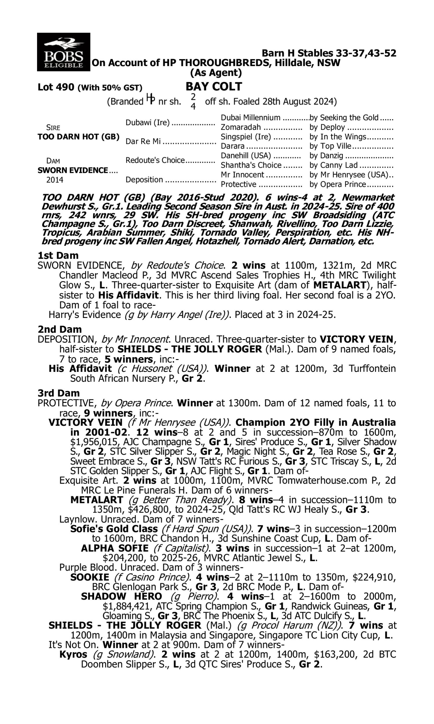 Pedigree for Lot 490 Too Darn Hot (GB) - Sworn Evidence