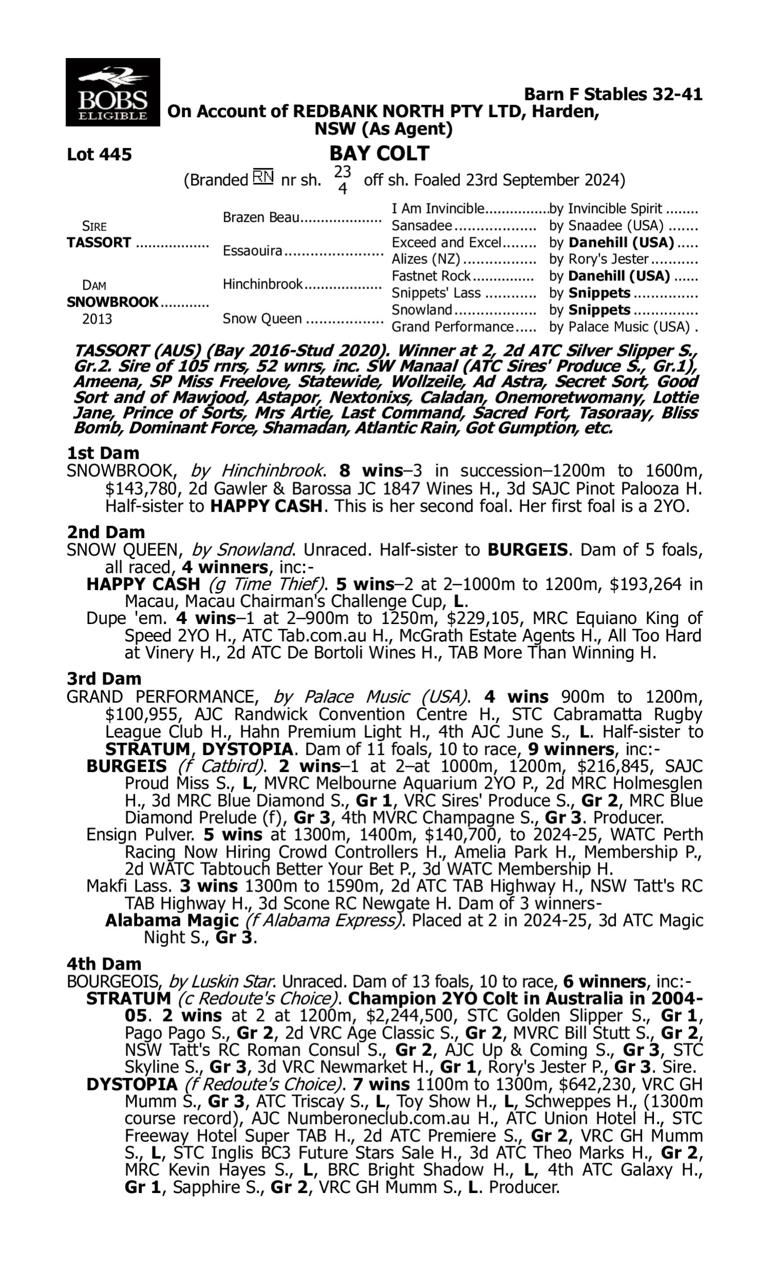 Pedigree for Lot 445 Tassort - Snowbrook