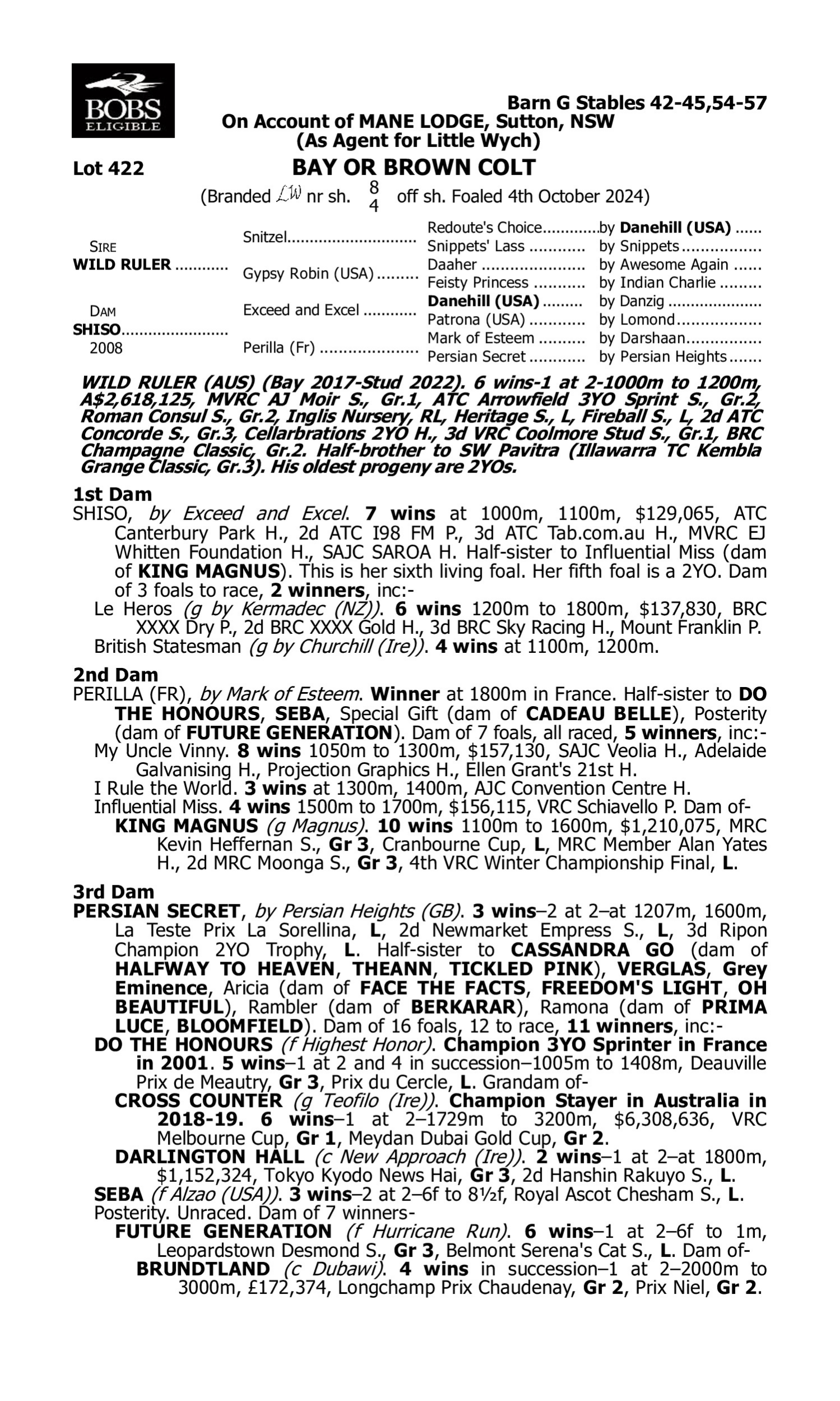 Pedigree for Lot 422 Wild Ruler - Shiso