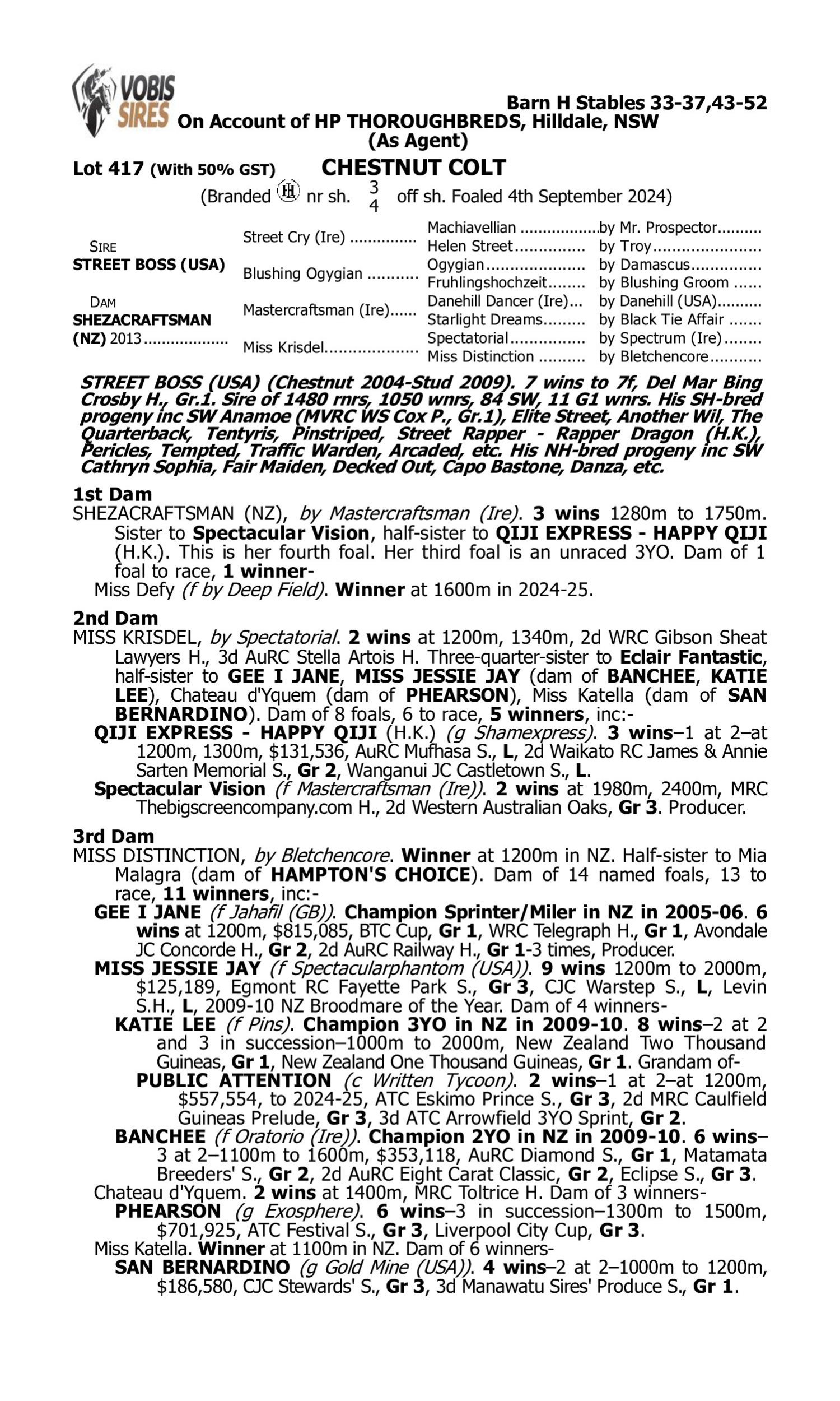 Pedigree for Lot 417 Street Boss (USA) - Shezacraftsman (NZ)