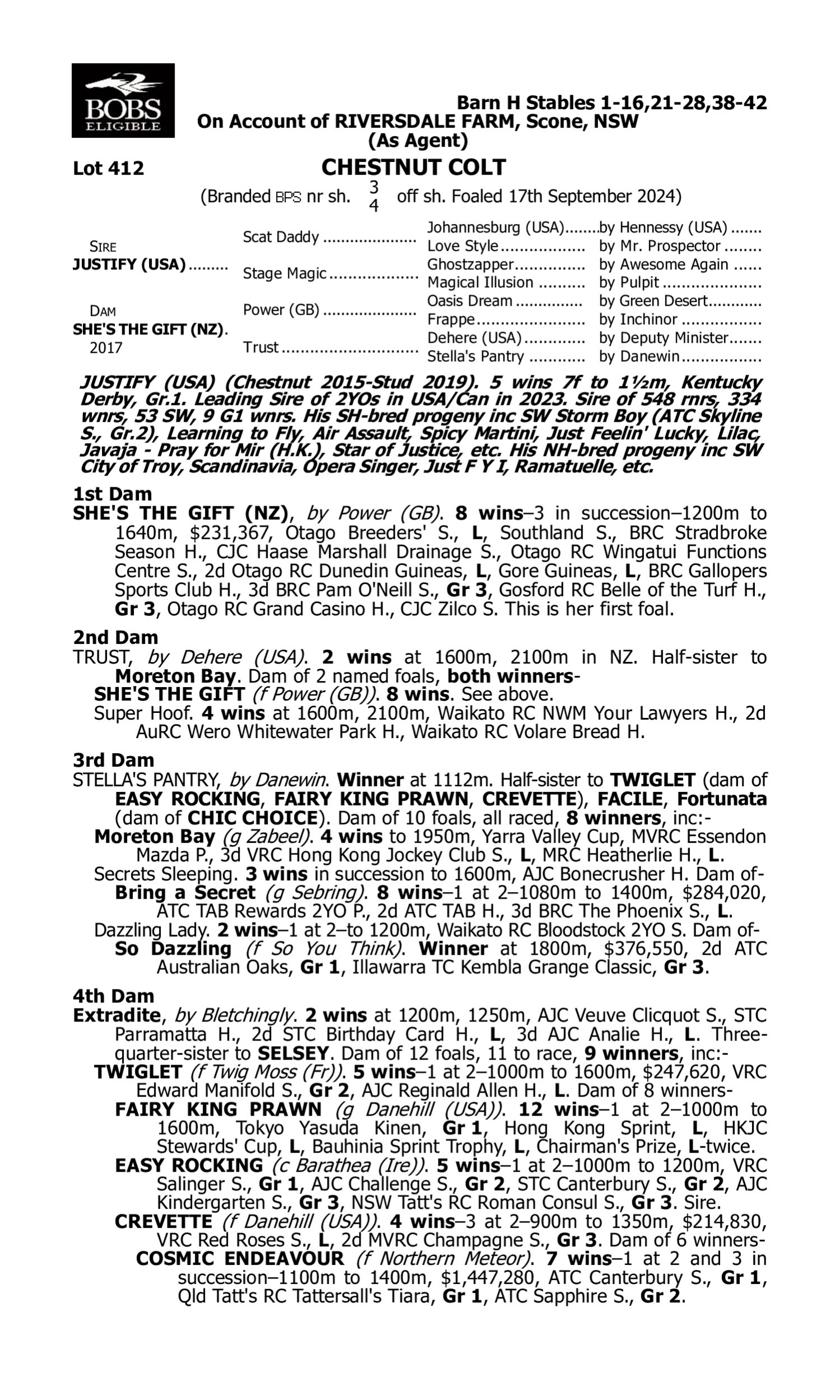 Pedigree for Lot 412 Justify (USA) - She's the Gift (NZ)