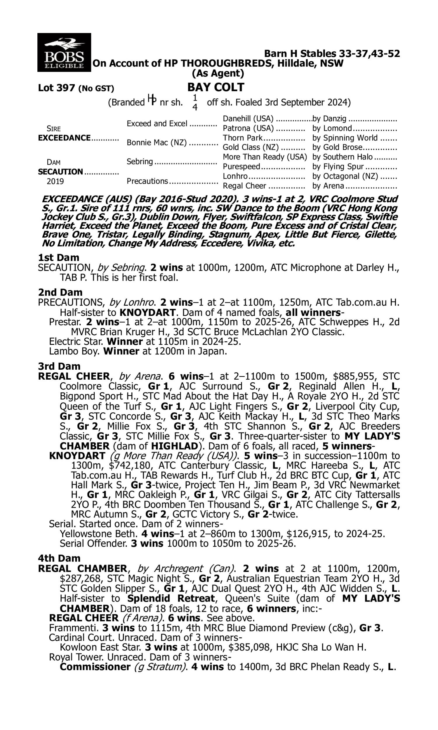 Pedigree for Lot 397 Exceedance - Secaution