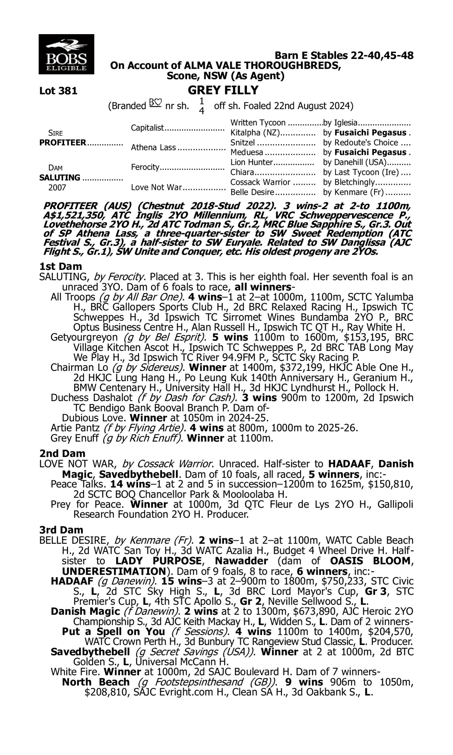 Pedigree for Lot 381 Profiteer - Saluting