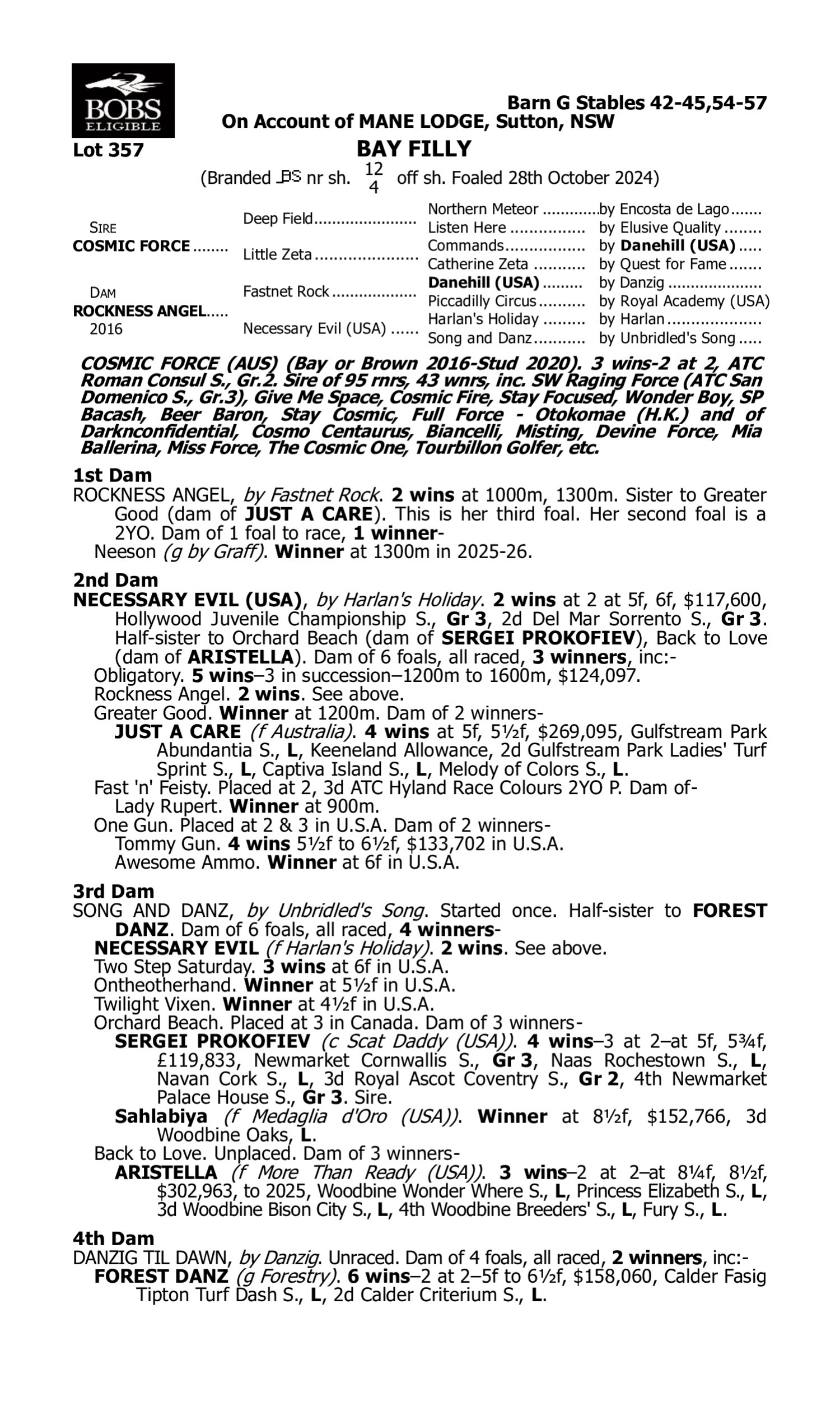 Pedigree for Lot 357 Cosmic Force - Rockness Angel