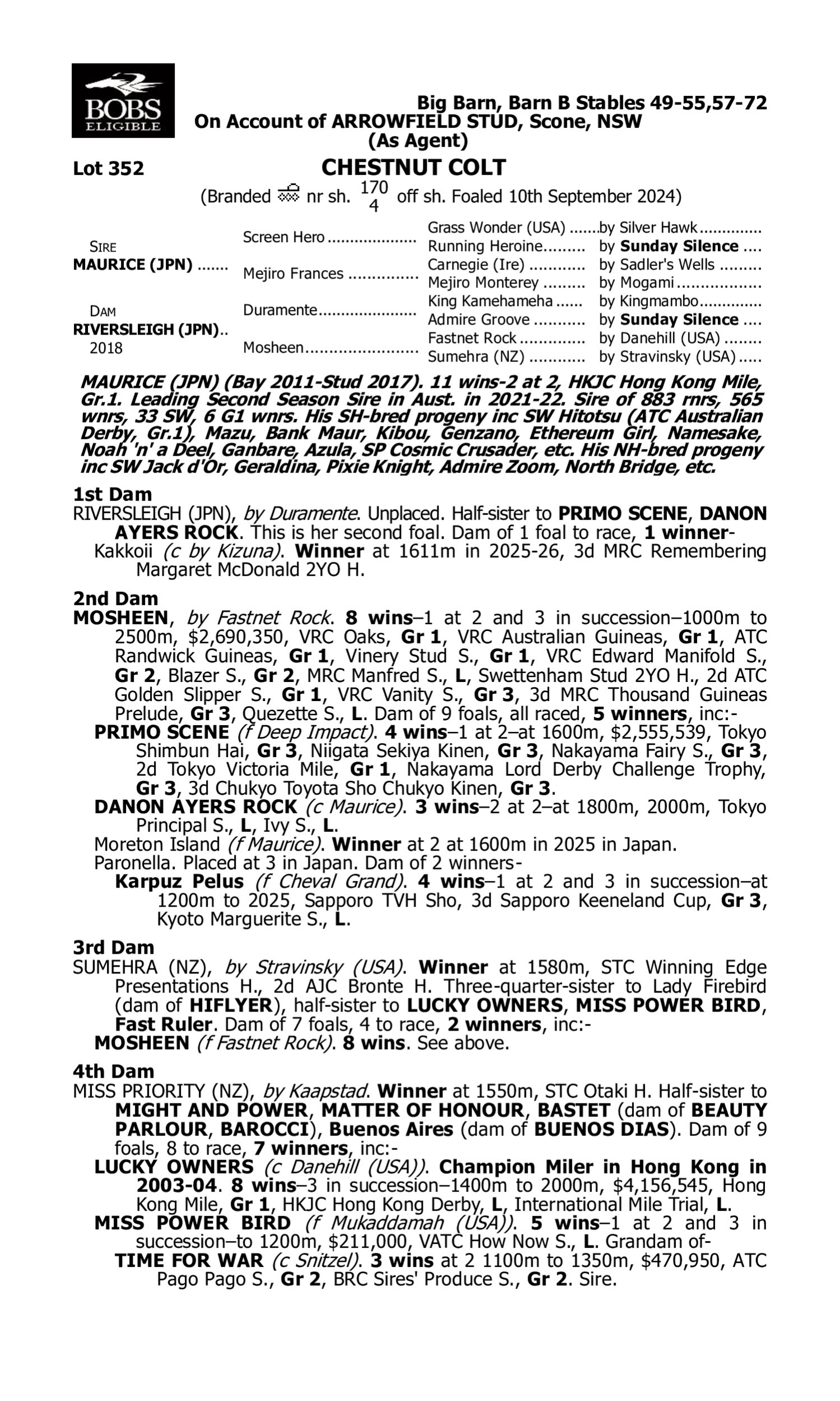 Pedigree for Lot 352 Maurice (JPN) - Riversleigh (JPN)