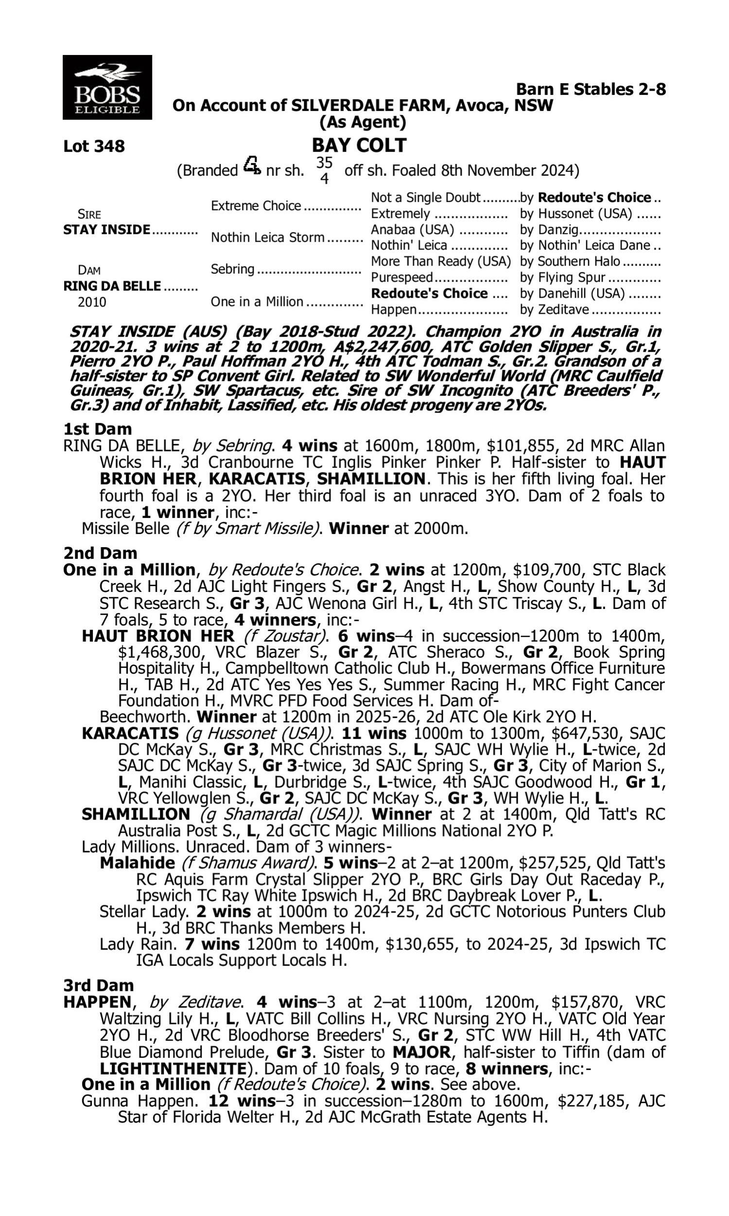 Pedigree for Lot 348 Stay Inside - Ring da Belle