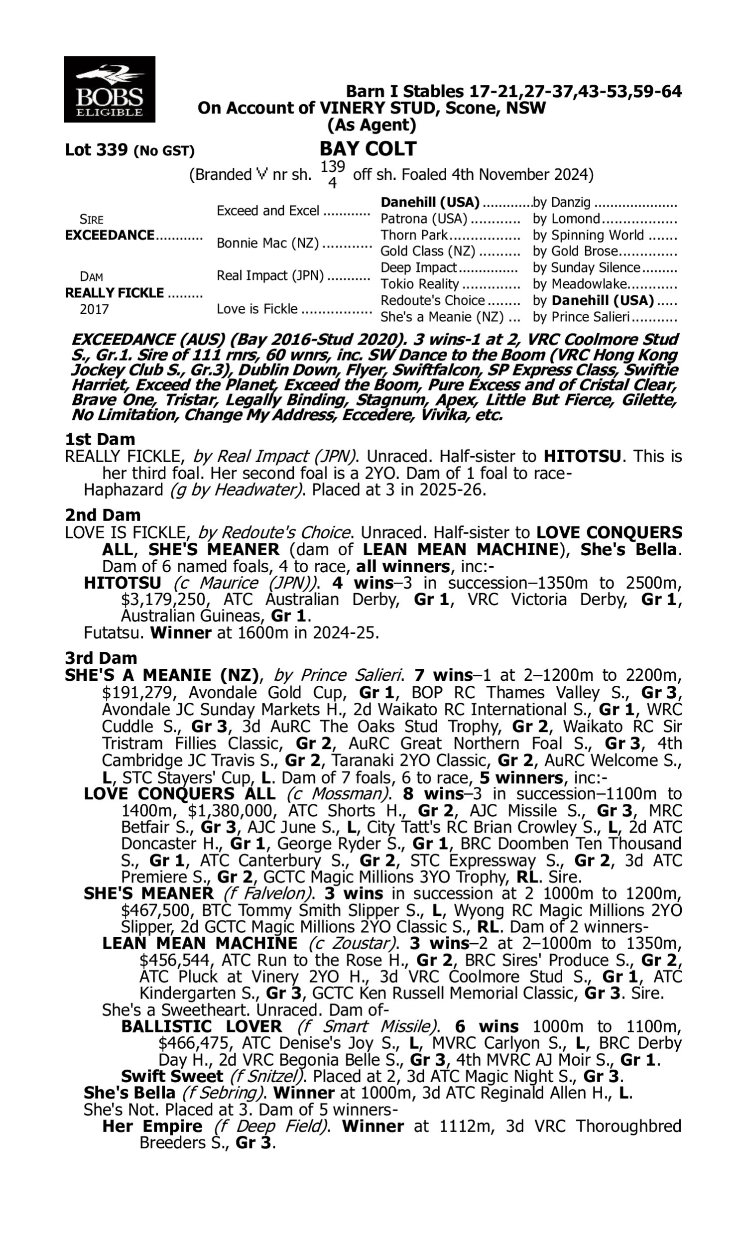 Pedigree for Lot 339 Exceedance - Really Fickle