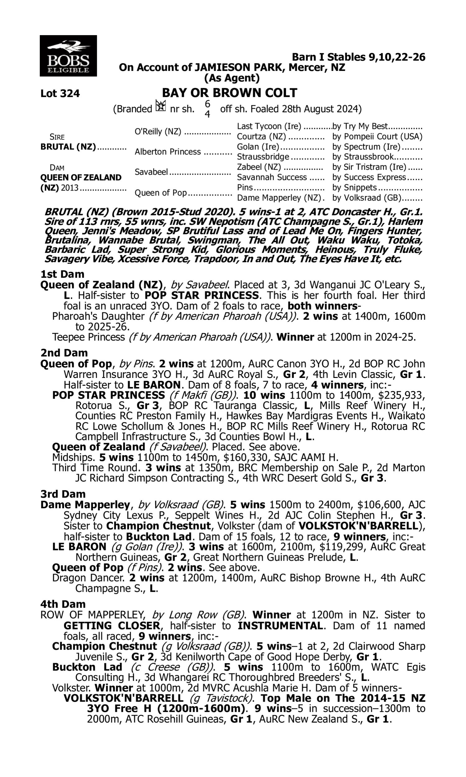 Pedigree for Lot 324 Brutal (NZ) - Queen of Zealand (NZ)