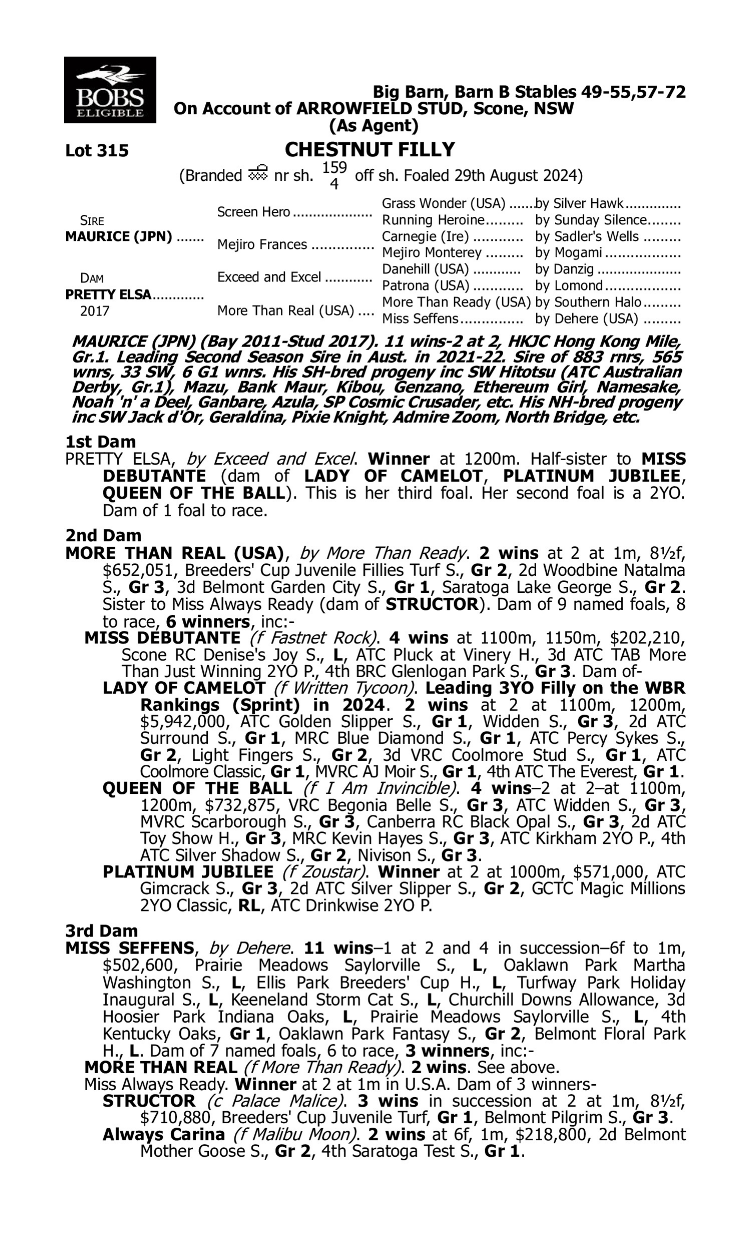 Pedigree for Lot 315 Maurice (JPN) - Pretty Elsa
