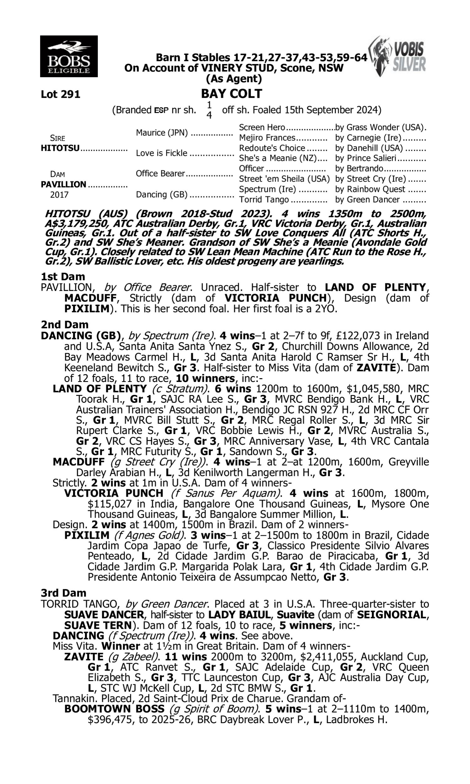 Pedigree for Lot 291 Hitotsu - Pavillion