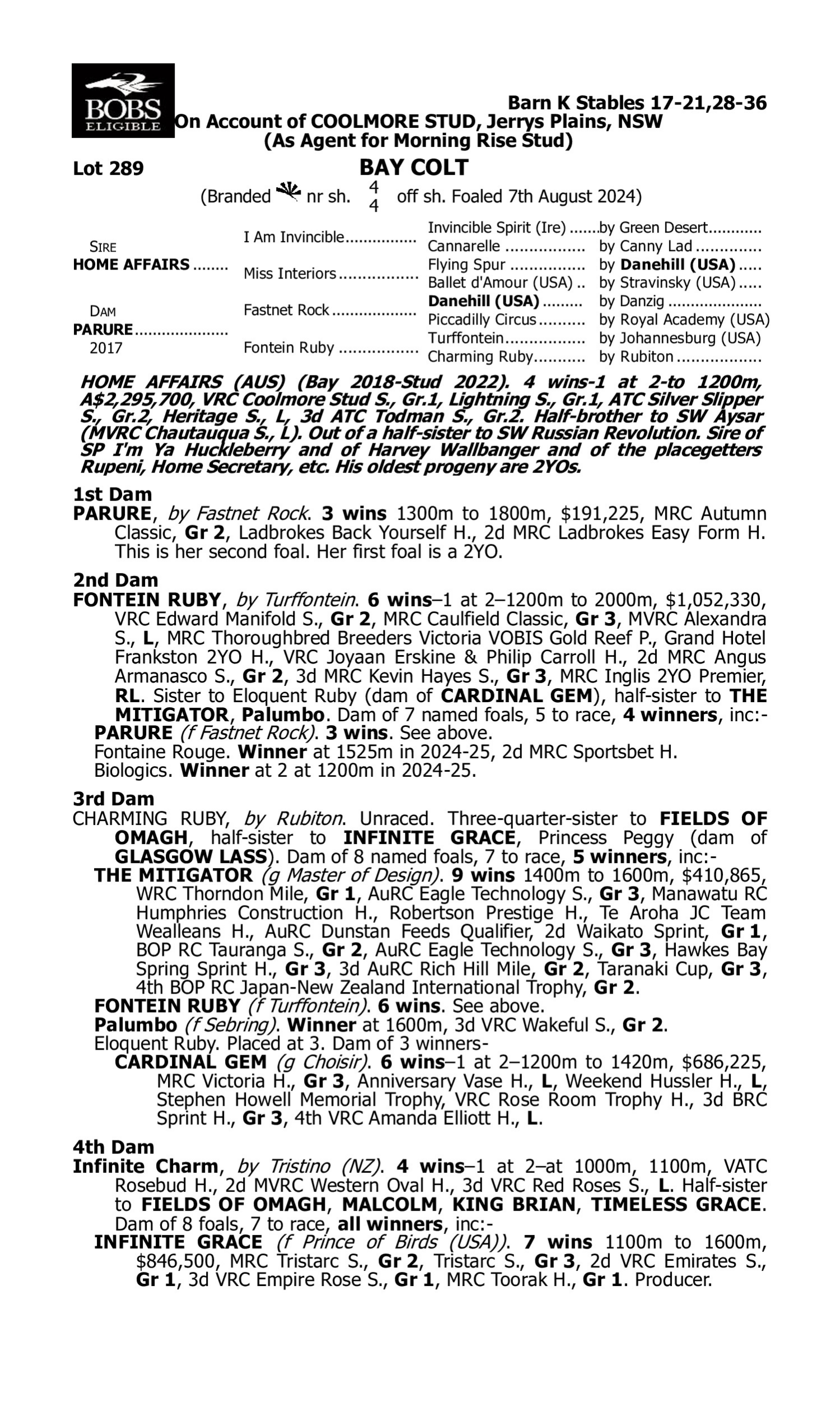 Pedigree for Lot 289 Home Affairs - Parure