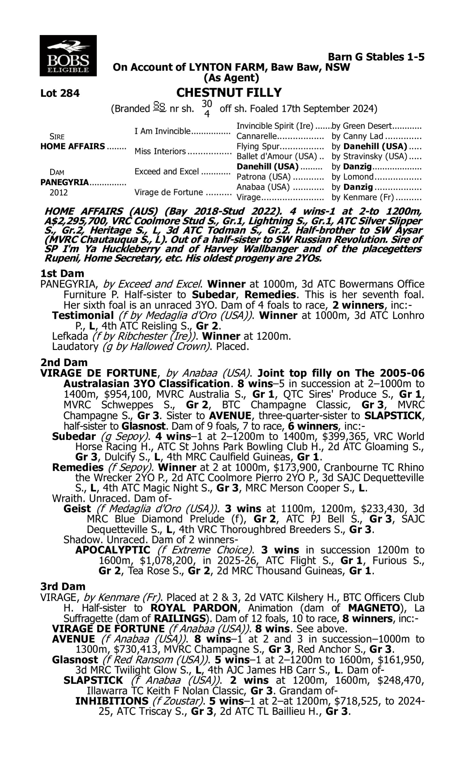 Pedigree for Lot 284 Home Affairs - Panegyria