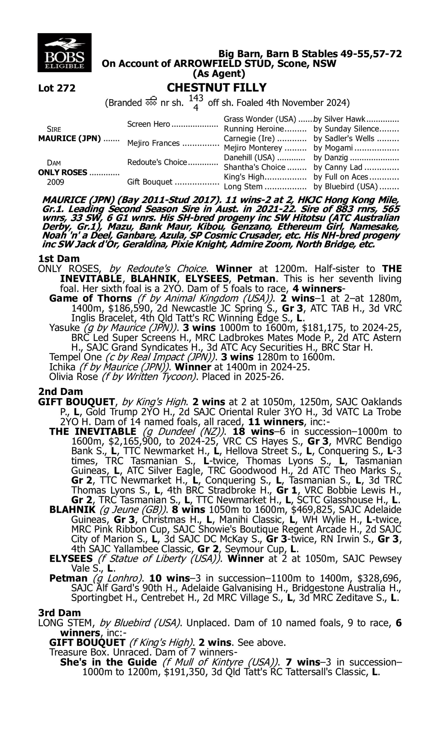 Pedigree for Lot 272 Maurice (JPN) - Only Roses
