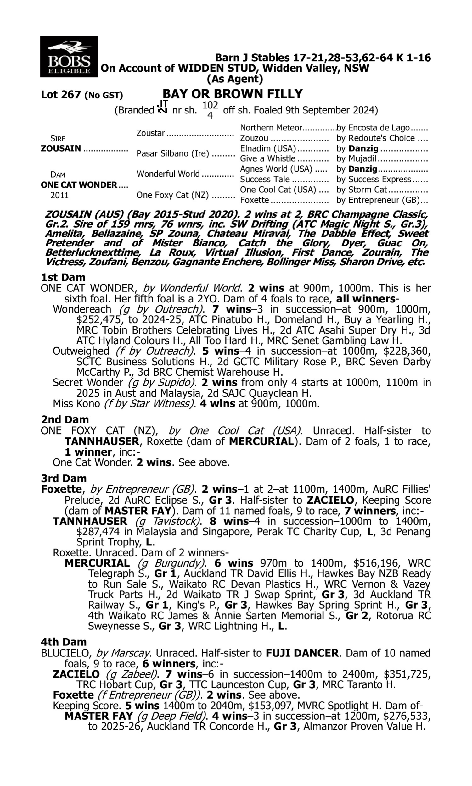 Pedigree for Lot 267 Zousain - One Cat Wonder