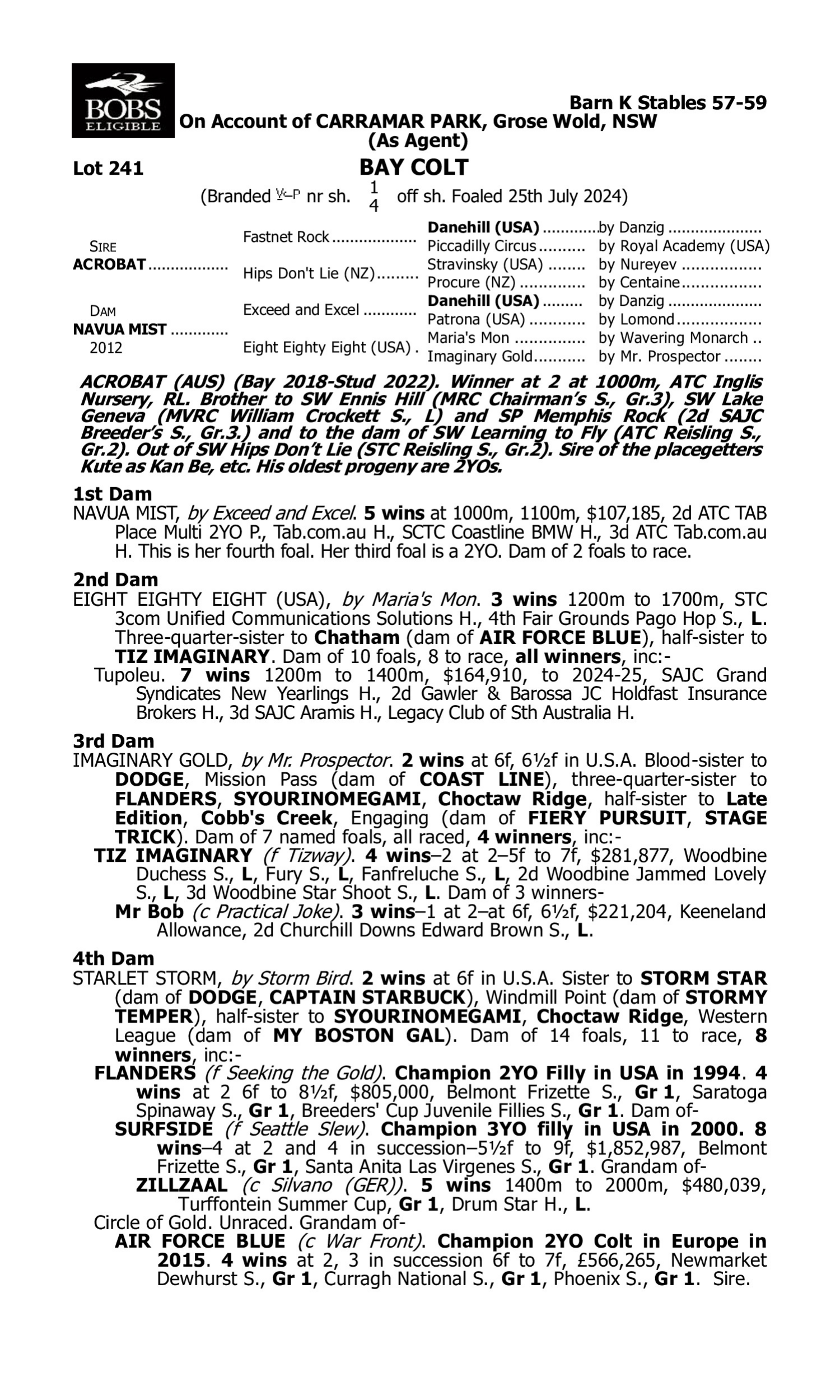 Pedigree for Lot 241 Acrobat - Navua Mist
