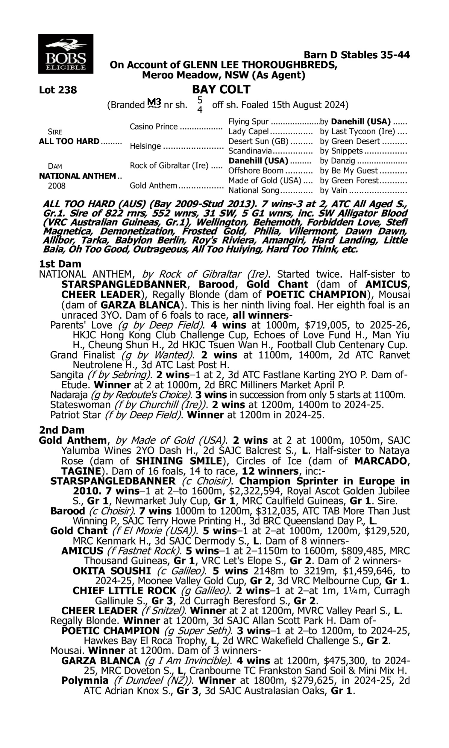 Pedigree for Lot 238 All Too Hard - National Anthem