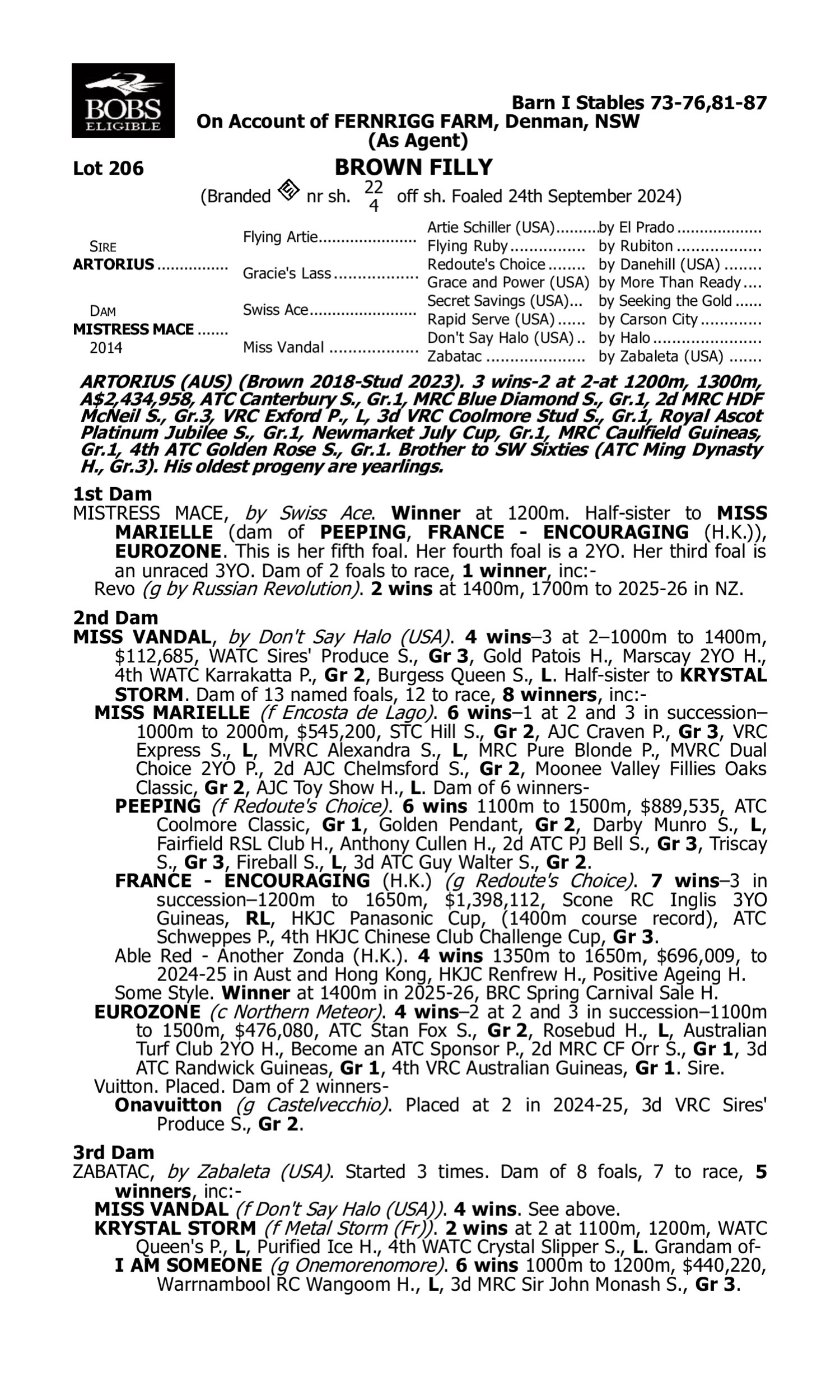 Pedigree for Lot 206 Artorius - Mistress Mace