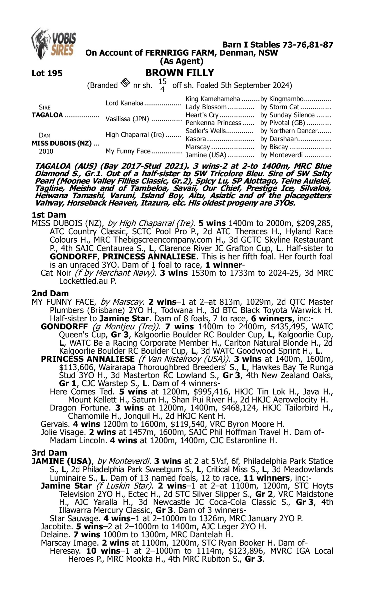 Pedigree for Lot 195 Tagaloa - Miss Dubois (NZ)
