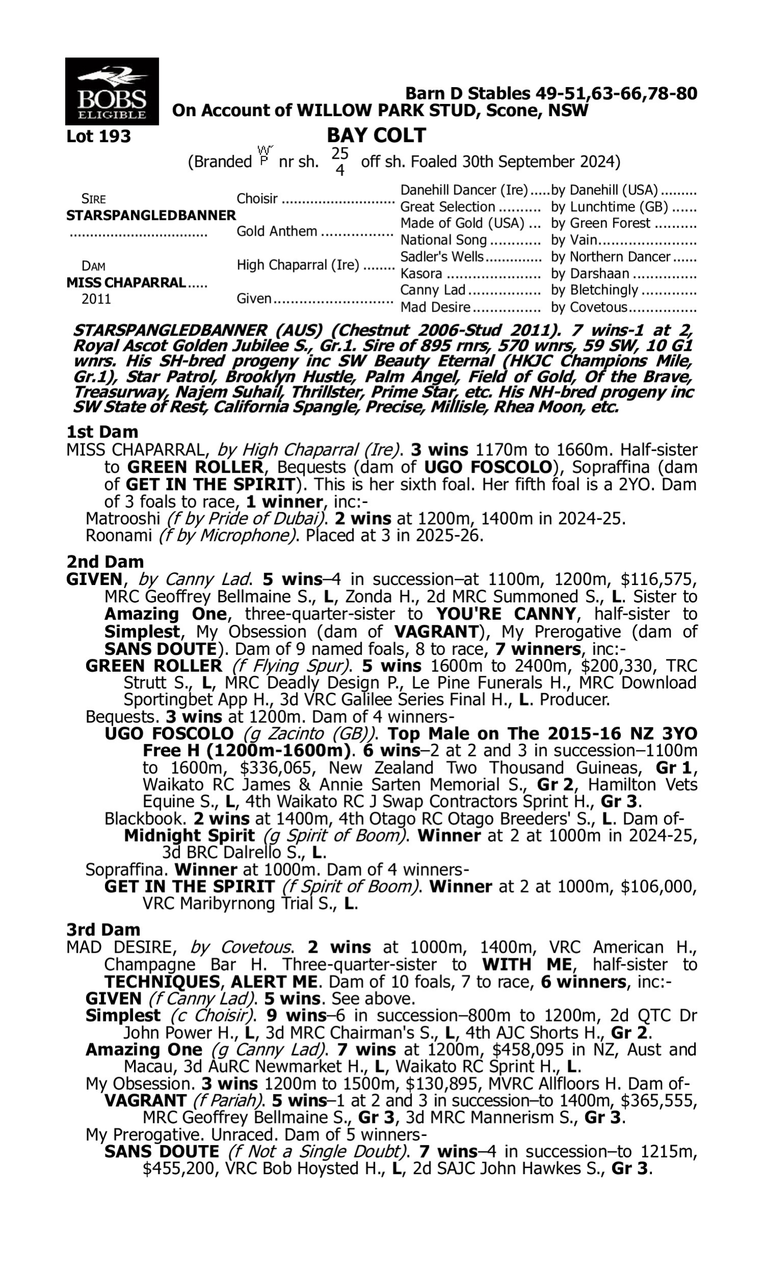 Pedigree for Lot 193 Starspangledbanner - Miss Chaparral