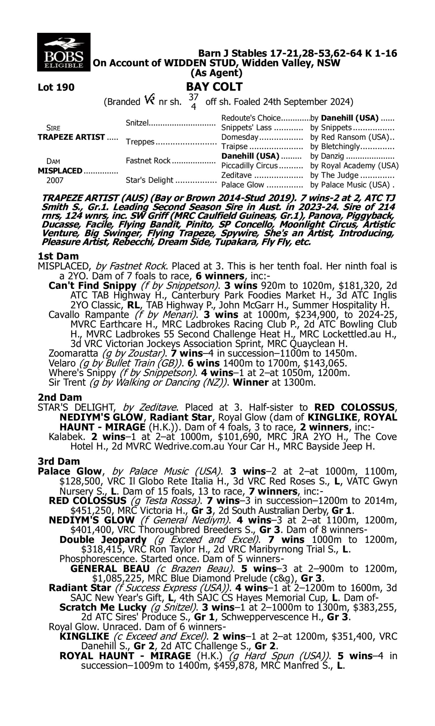 Pedigree for Lot 190 Trapeze Artist - Misplaced