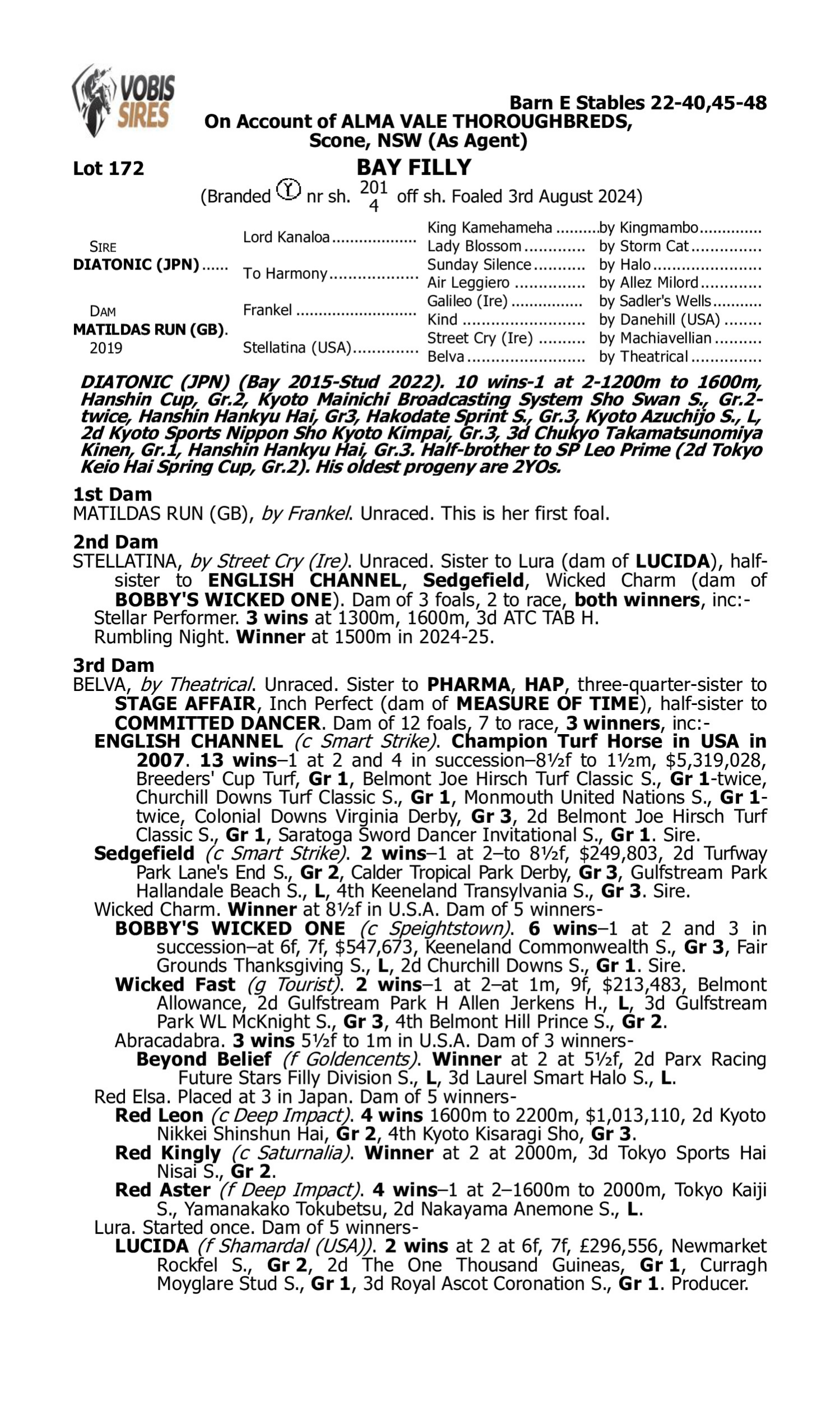 Pedigree for Lot 172 Diatonic (JPN) - Matildas Run (GB)